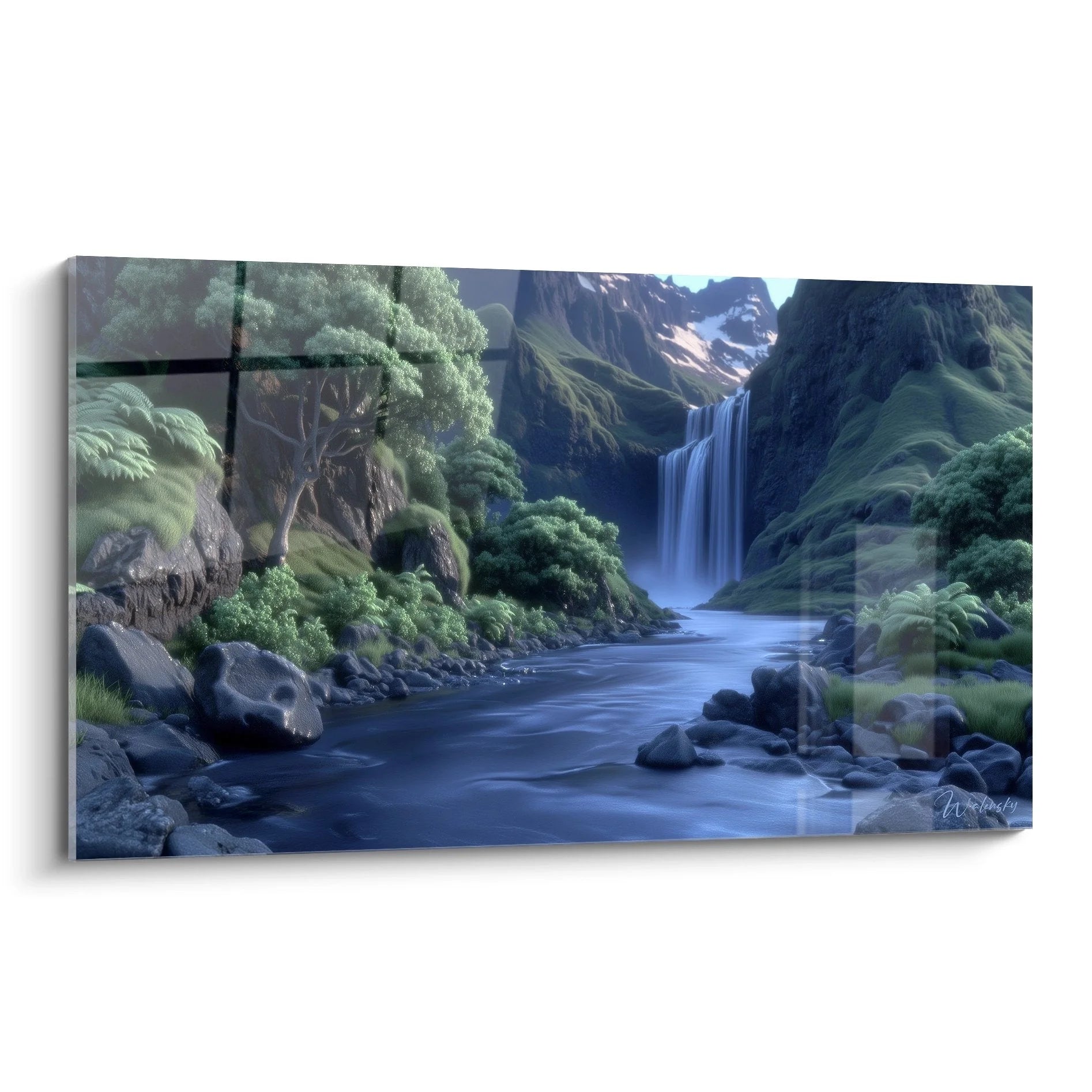 Wandbild Wasserfall mystische Berglandschaft mit türkisem Wasser und Nebel - Edition Wasserfall