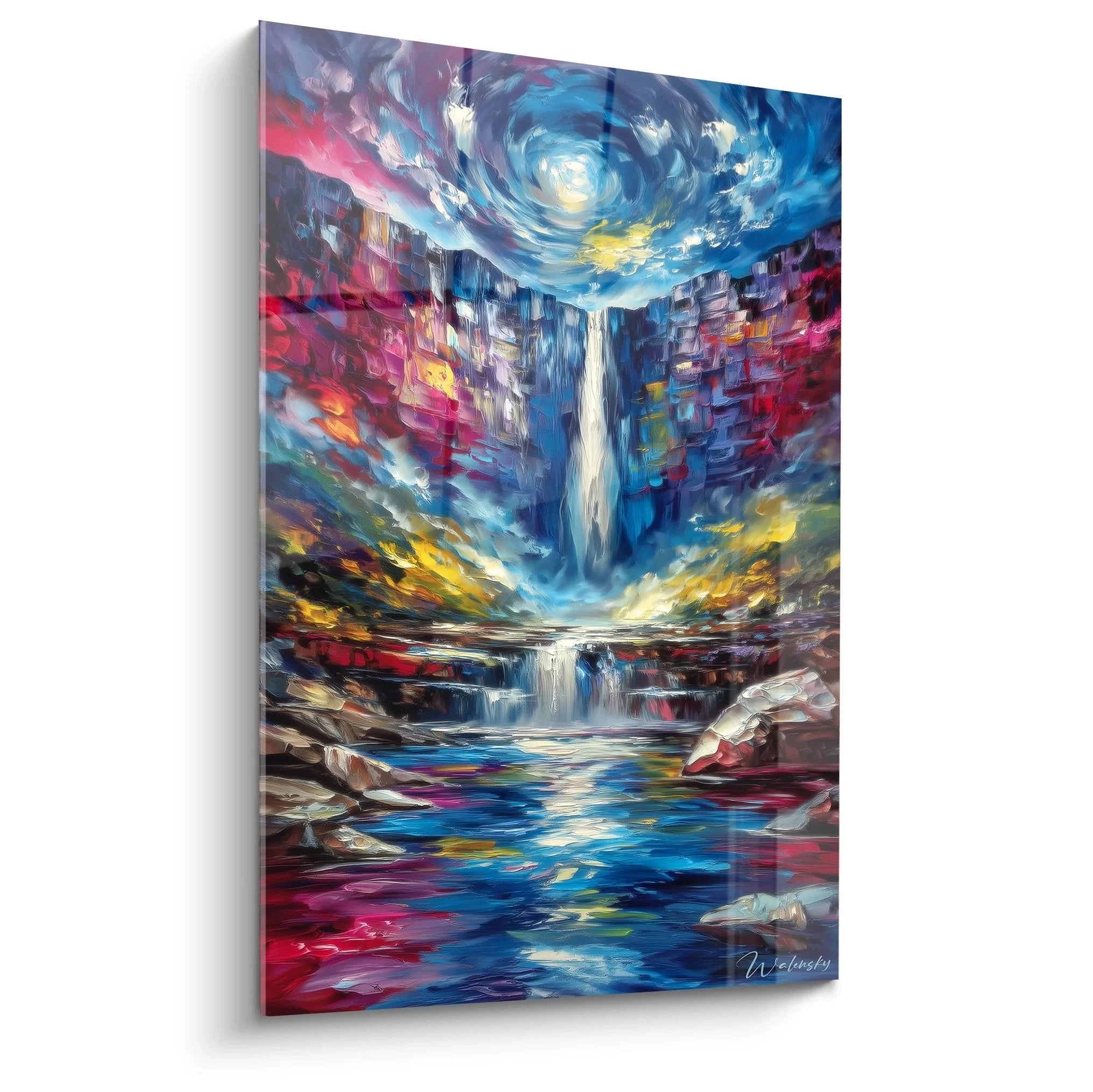 Wandbild Wasserfall mystische Schlucht mit bunten Felsen und Regenbogenhimmel Kunstdruck