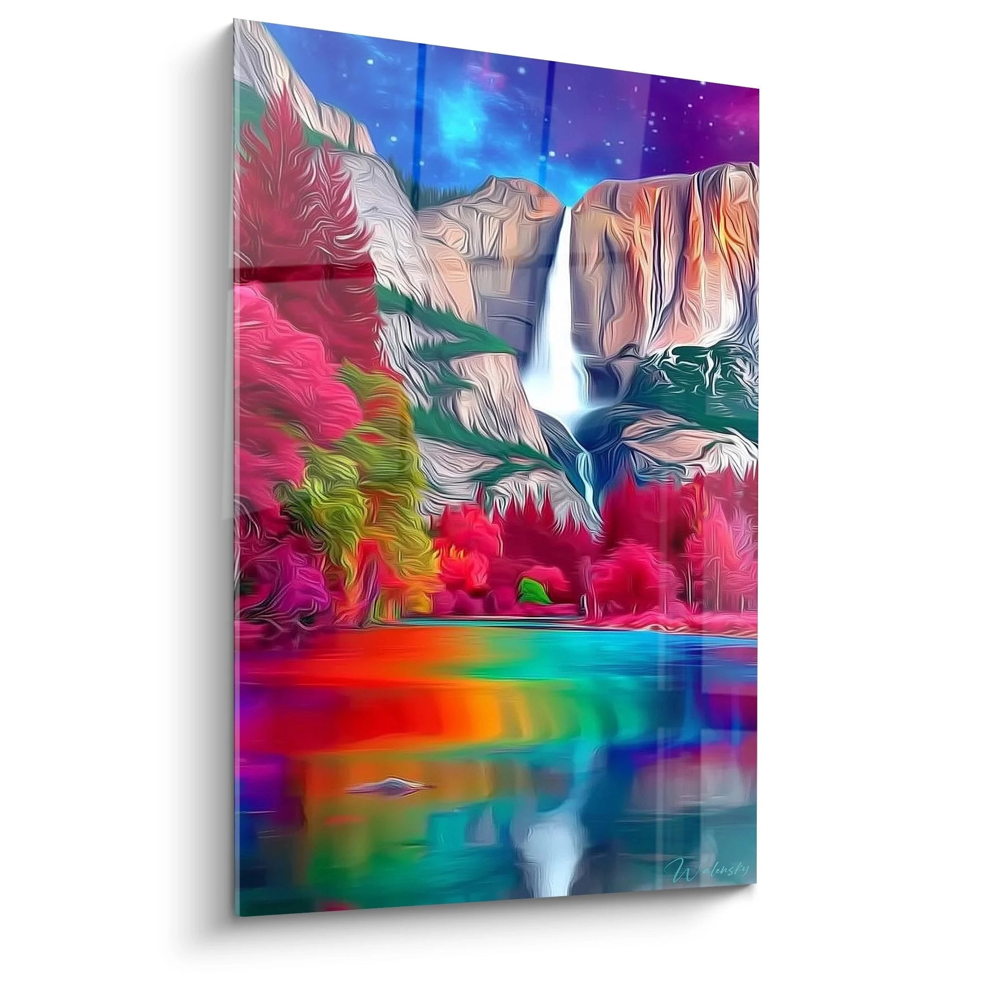 Psychedelisches Wandbild Wasserfall mit Neonfarben und surrealer Naturlandschaft