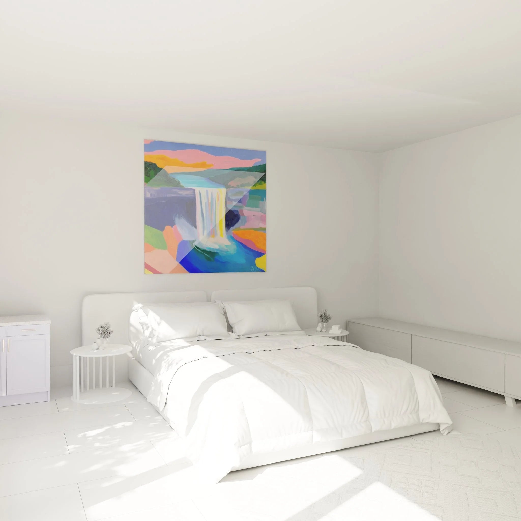 Wandbild Wasserfall Berglandschaft in Schlafzimmer Ambiente mit modernem Wohnstil dekoriert