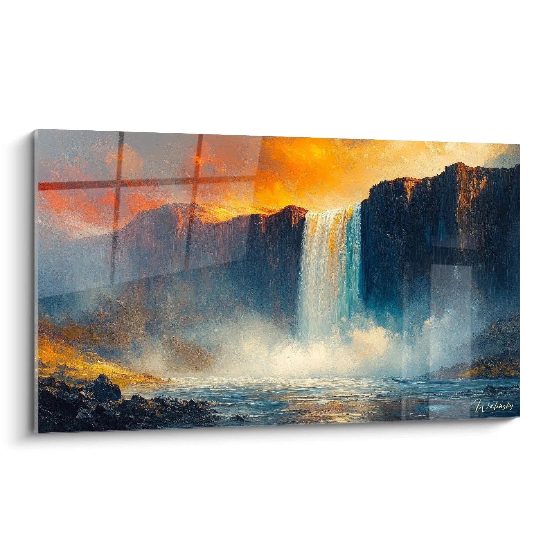 Wandbild Wasserfall bei Sonnenuntergang mit dramatischen Felsen und goldenem Himmel
