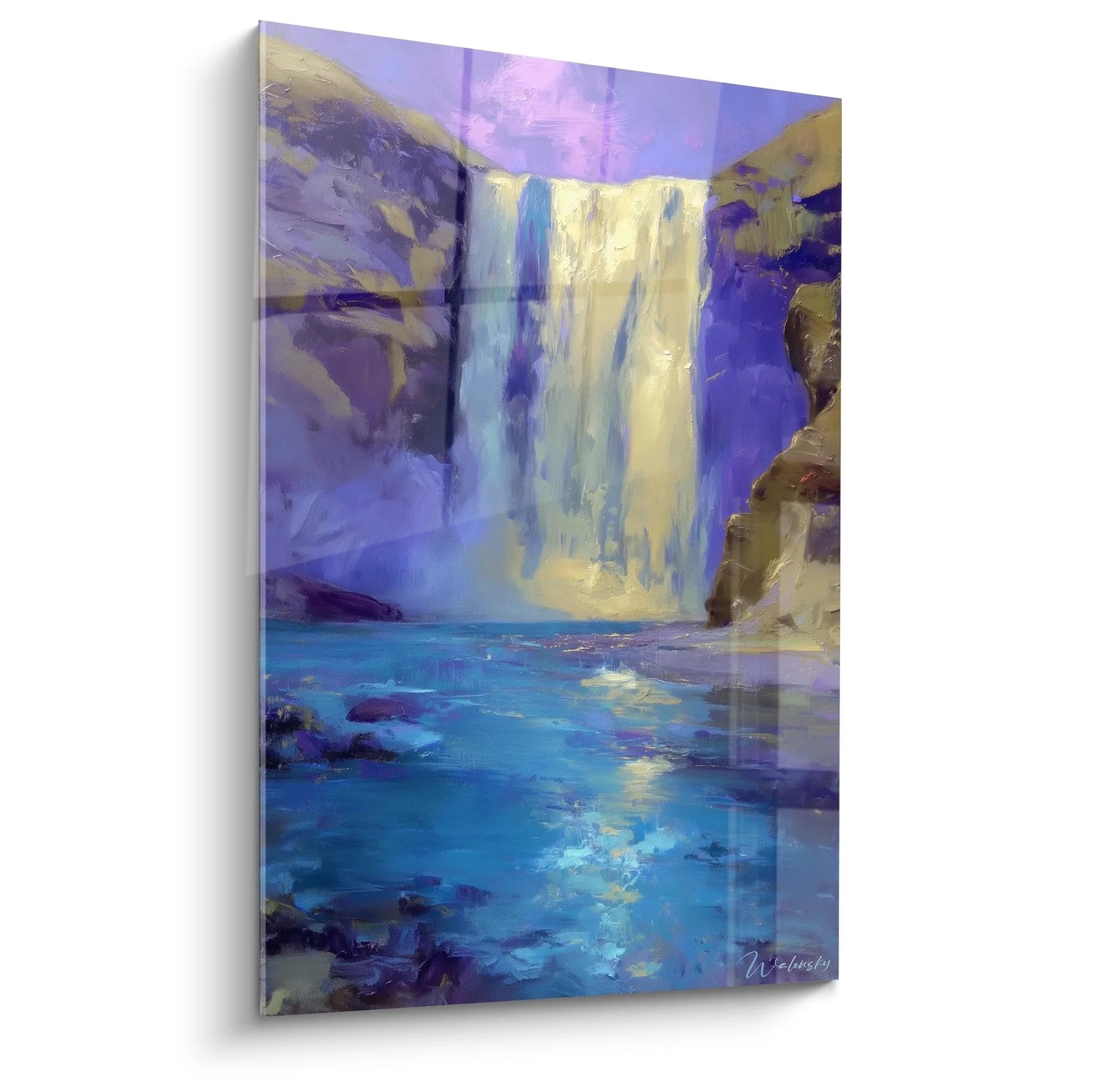Wandbild Wasserfall violett - Majestätische Cascade mit mystischem Licht in Blau und Violett