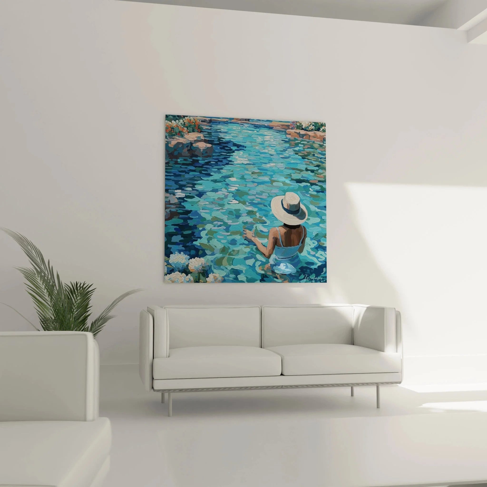 Detailansicht Wandbild Wasserlandschaft mit Frau - hochwertige Kunstdruck Wanddekoration Sommer