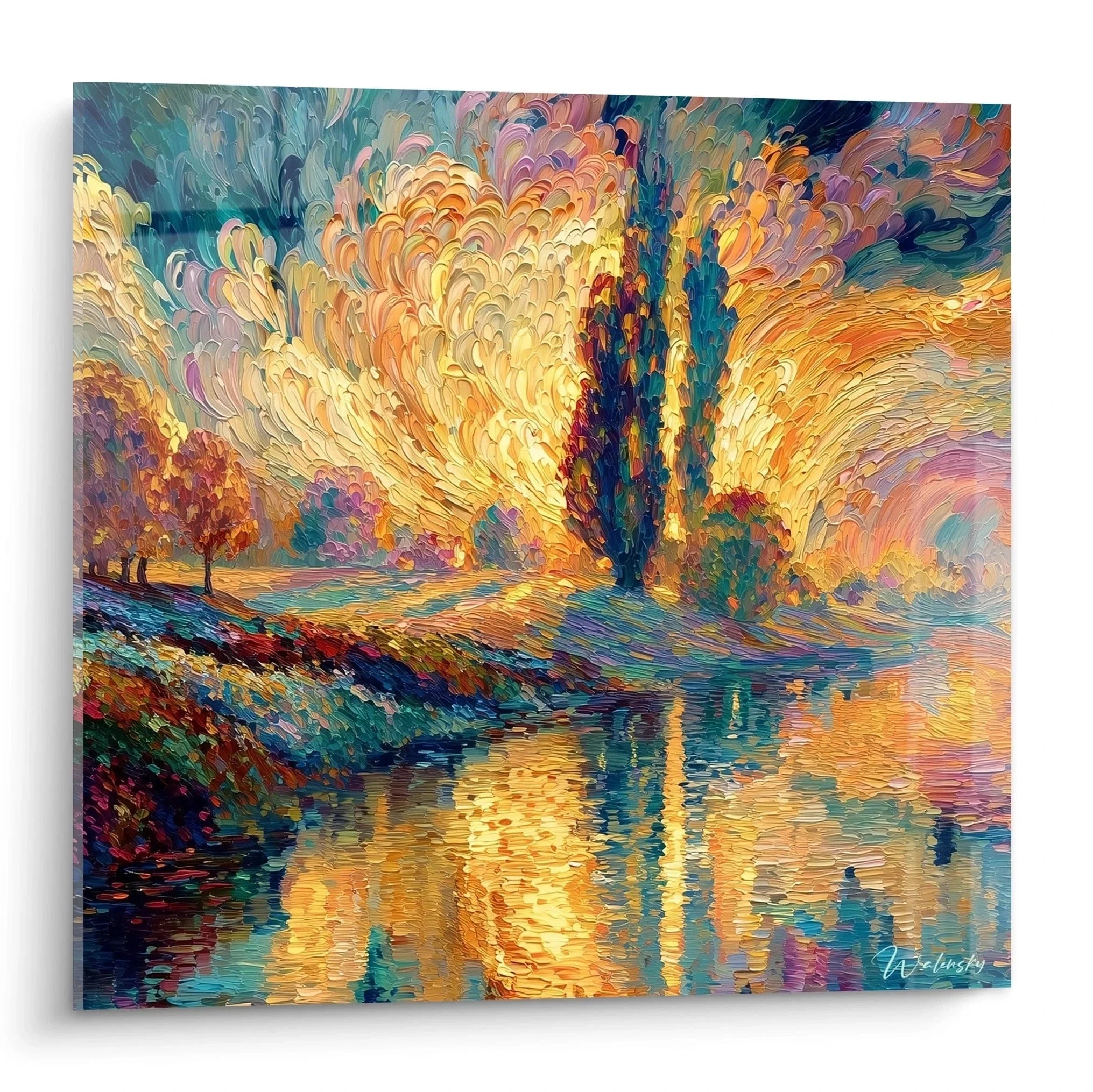 Wandbild Wasserlandschaft Pointillismus goldener Sonnenuntergang Baum Wasser Reflexion moderne Wanddekoration