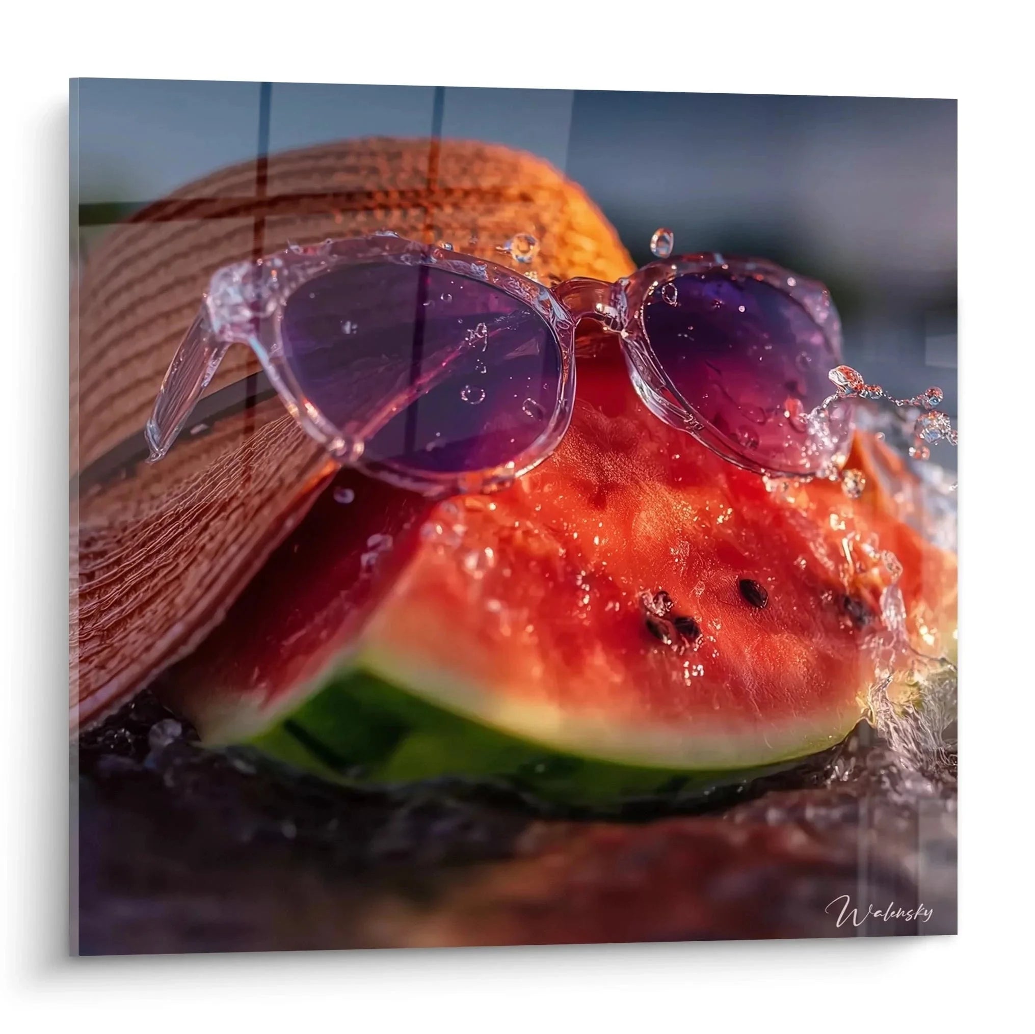 Wandbild Wassermelone mit violetter Sonnenbrille und Wassertropfen, Sommerdeko für Küche und Wohnzimmer