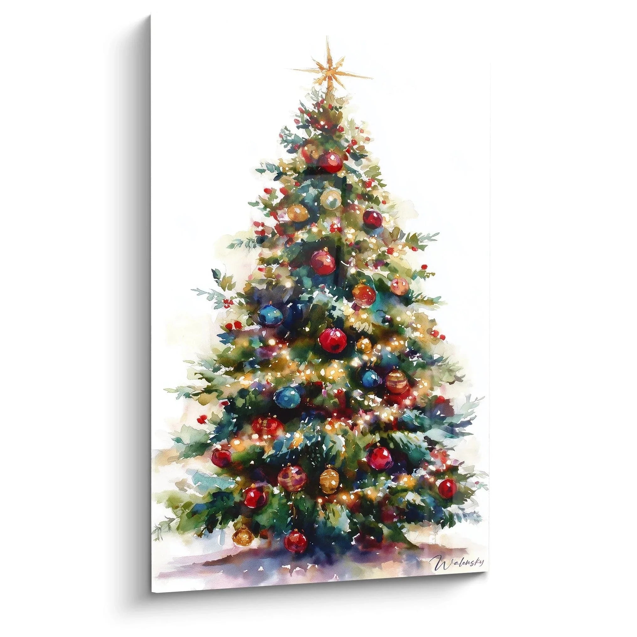 Wandbild Weihnachtsbaum Aquarell mit roten blauen Kugeln goldener Stern Weihnachtsdeko