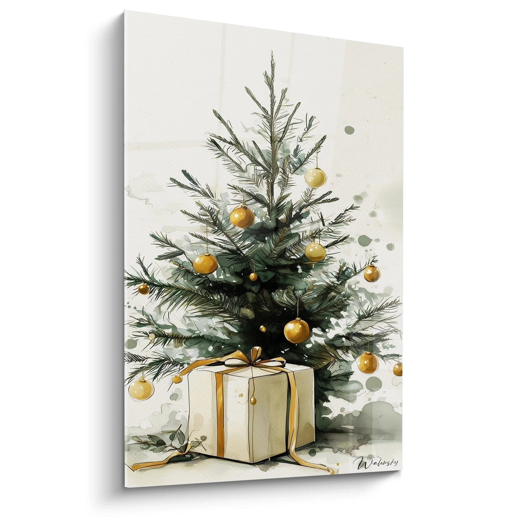 Wandbild Weihnachtsbaum Aquarell mit goldenen Kugeln und Geschenk Edition Weihnachten