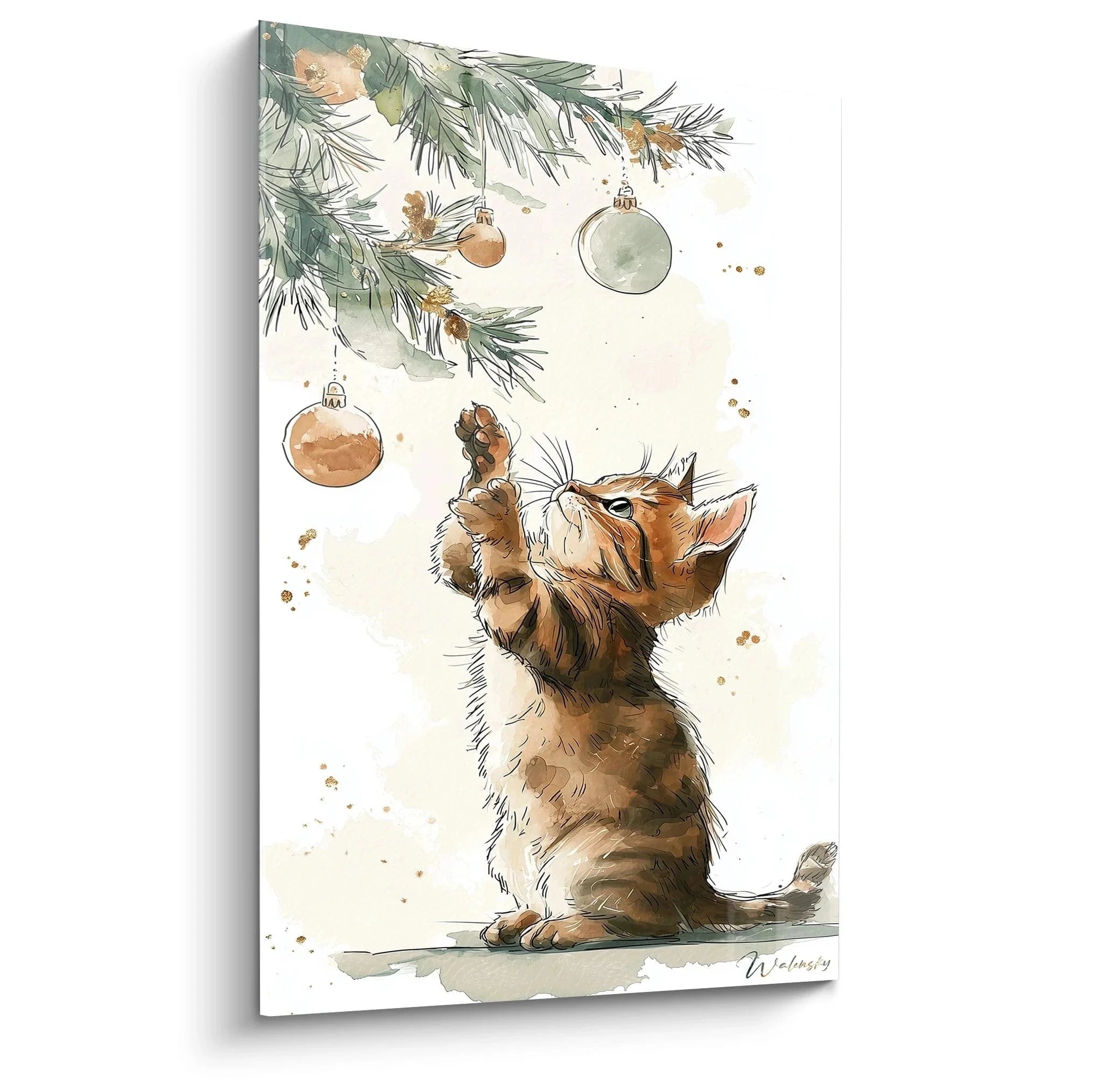 Wandbild Weihnachtskätzchen mit Christbaumkugeln - süße Katze unter dem Tannenbaum in Aquarelltechnik