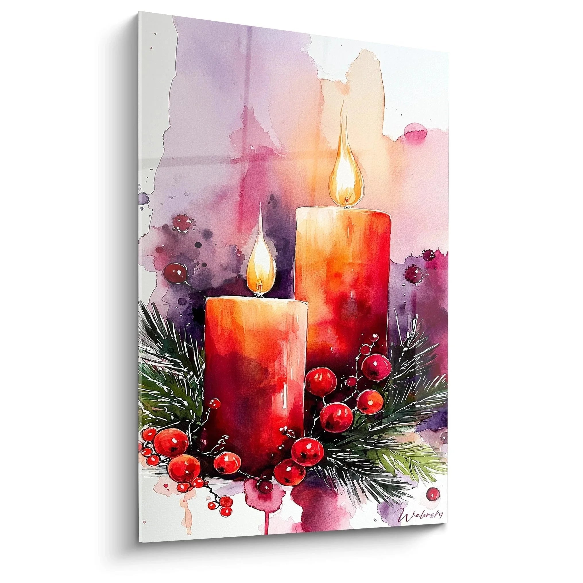 Wandbild Weihnachtskerzen Aquarell mit roten Kerzen und Christbaumkugeln - Edition Weihnachten
