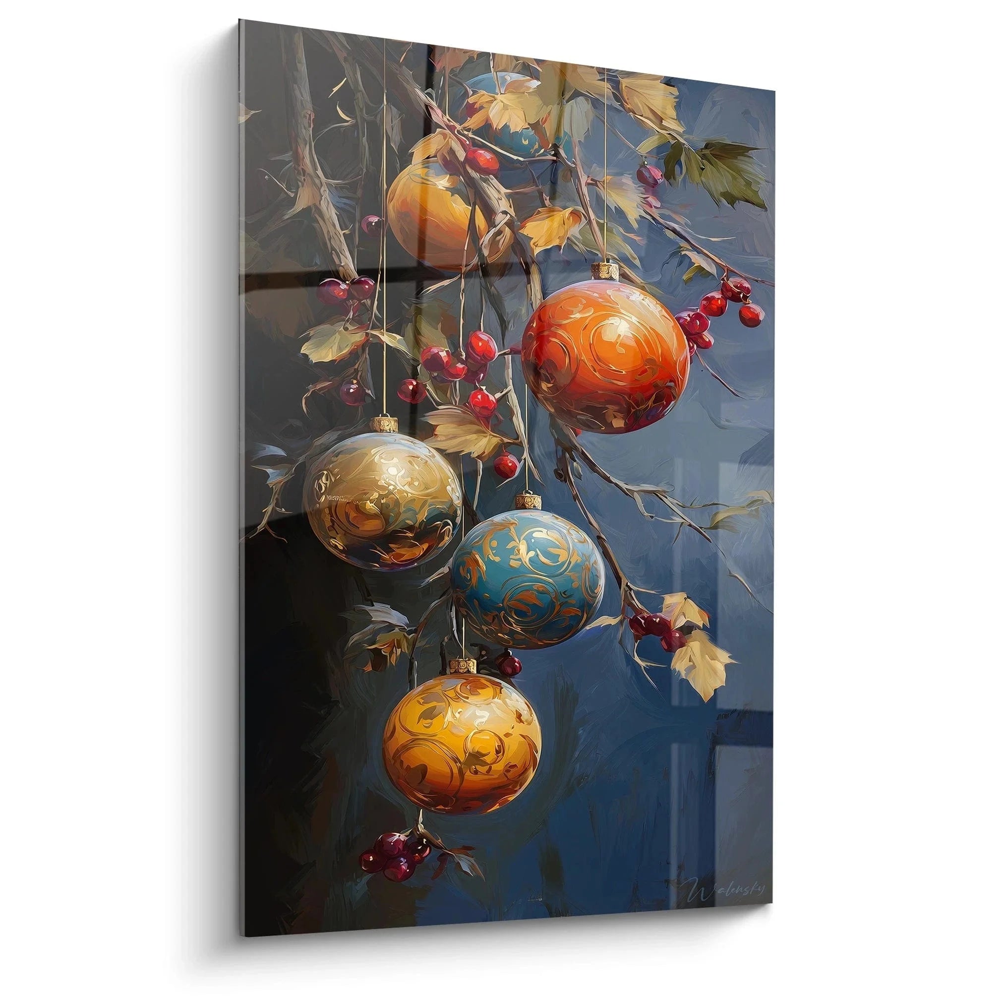 Wandbild mit glänzenden Weihnachtskugeln in Gold und Orange an Ästen mit roten Beeren