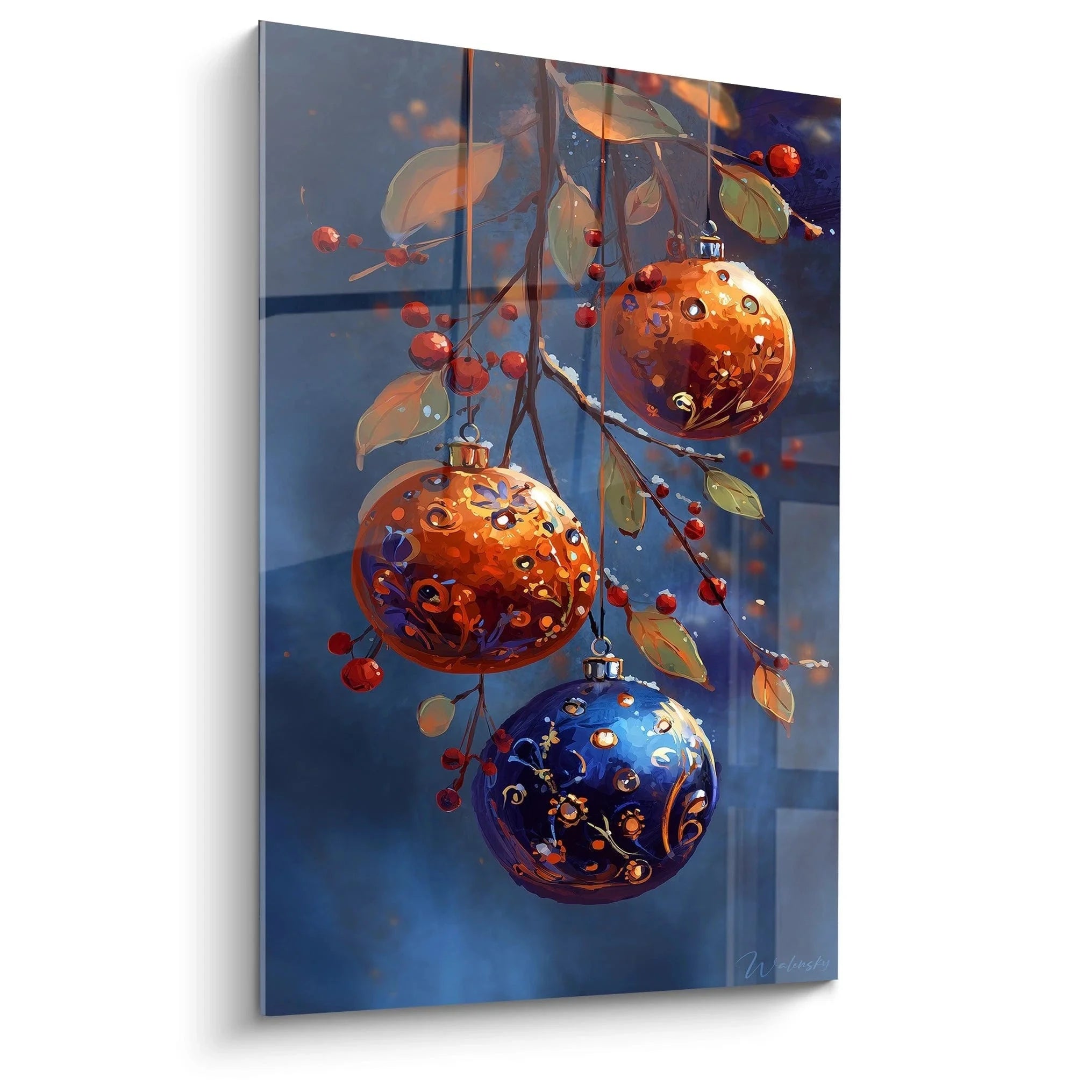 Wandbild mit drei festlichen Weihnachtskugeln in Orange und Blau hängend an Zweigen mit roten Beeren