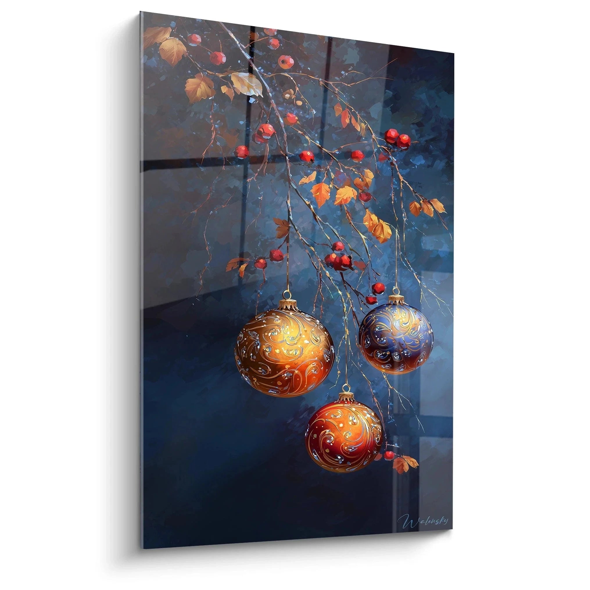 Wandbild mit drei goldenen Weihnachtskugeln an herbstlichen Zweigen mit roten Beeren vor blauem Hintergrund
