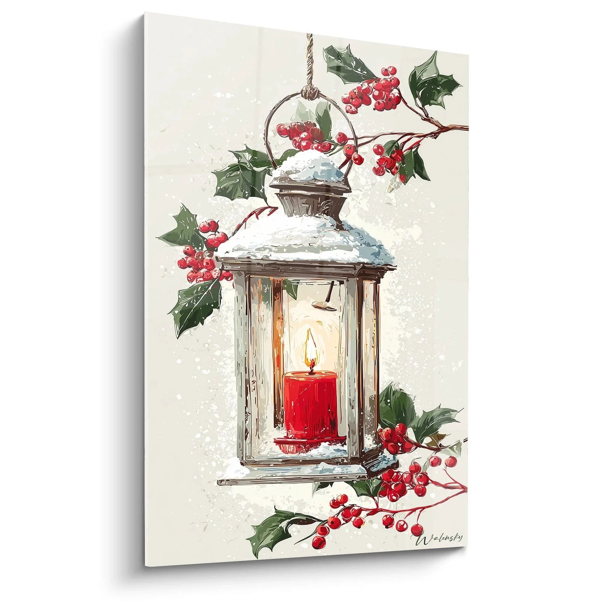 Wandbild Weihnachtslaterne mit roter Kerze und Stechpalmenzweigen im Schnee - Edition Weihnachten