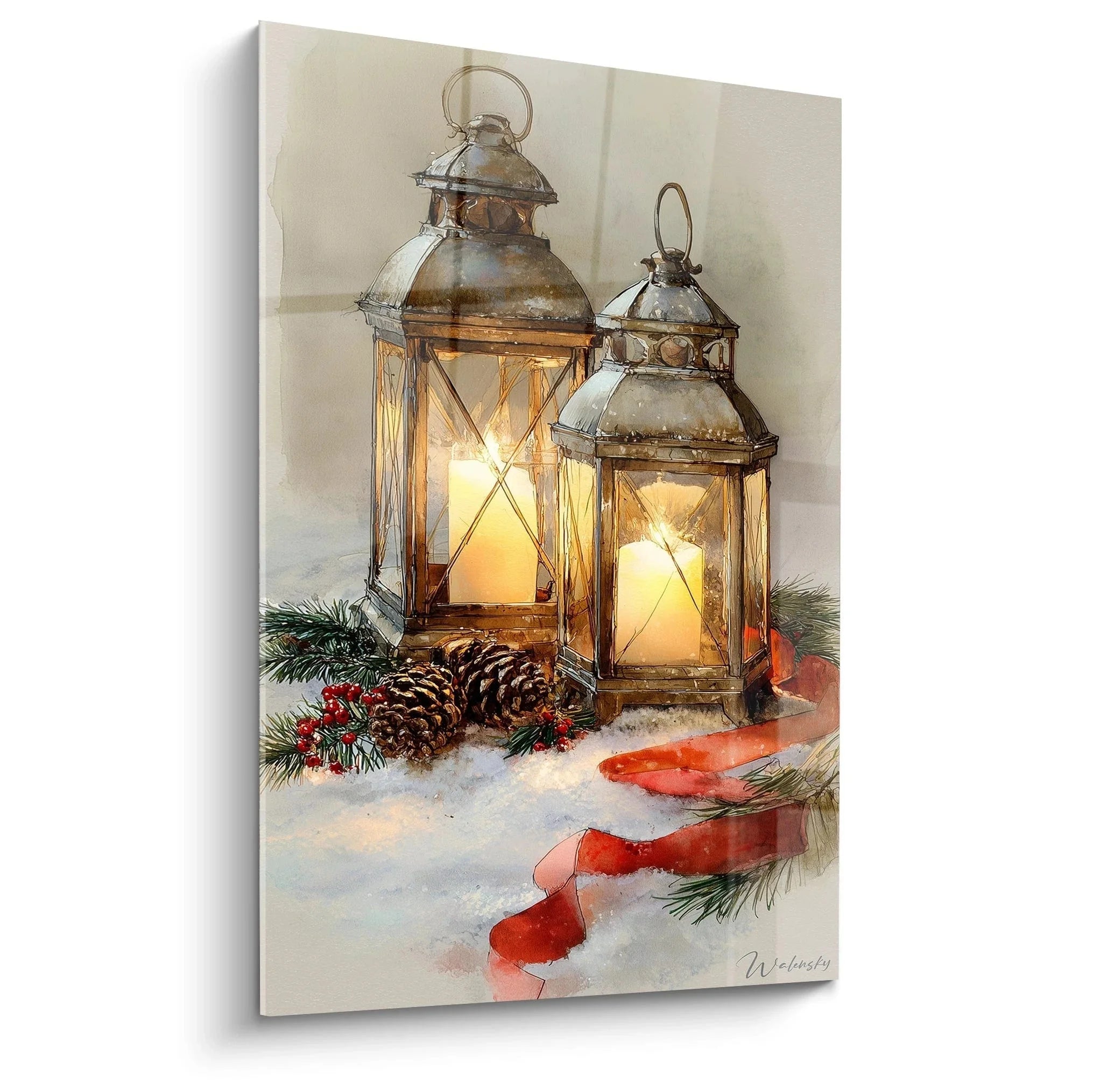 Wandbild mit zwei antiken Weihnachtslaternen im Schnee mit Tannenzweigen und rotem Band