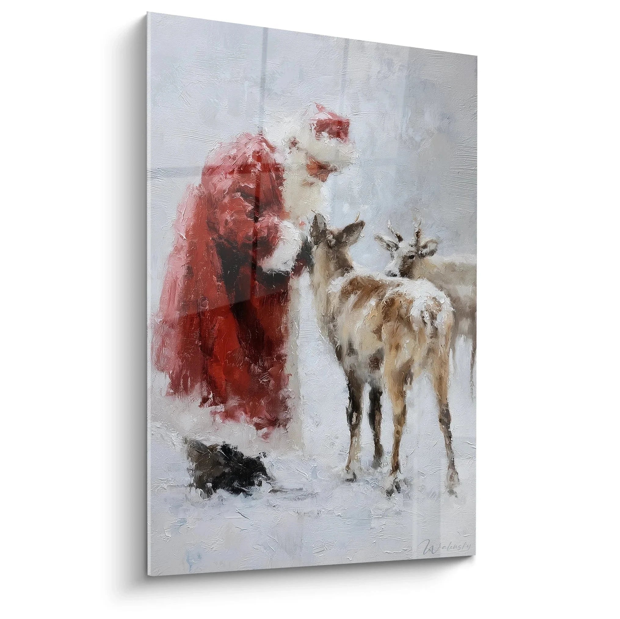 Wandbild Weihnachtsmann mit Rentieren im Schnee - winterliche Weihnachtsdekoration