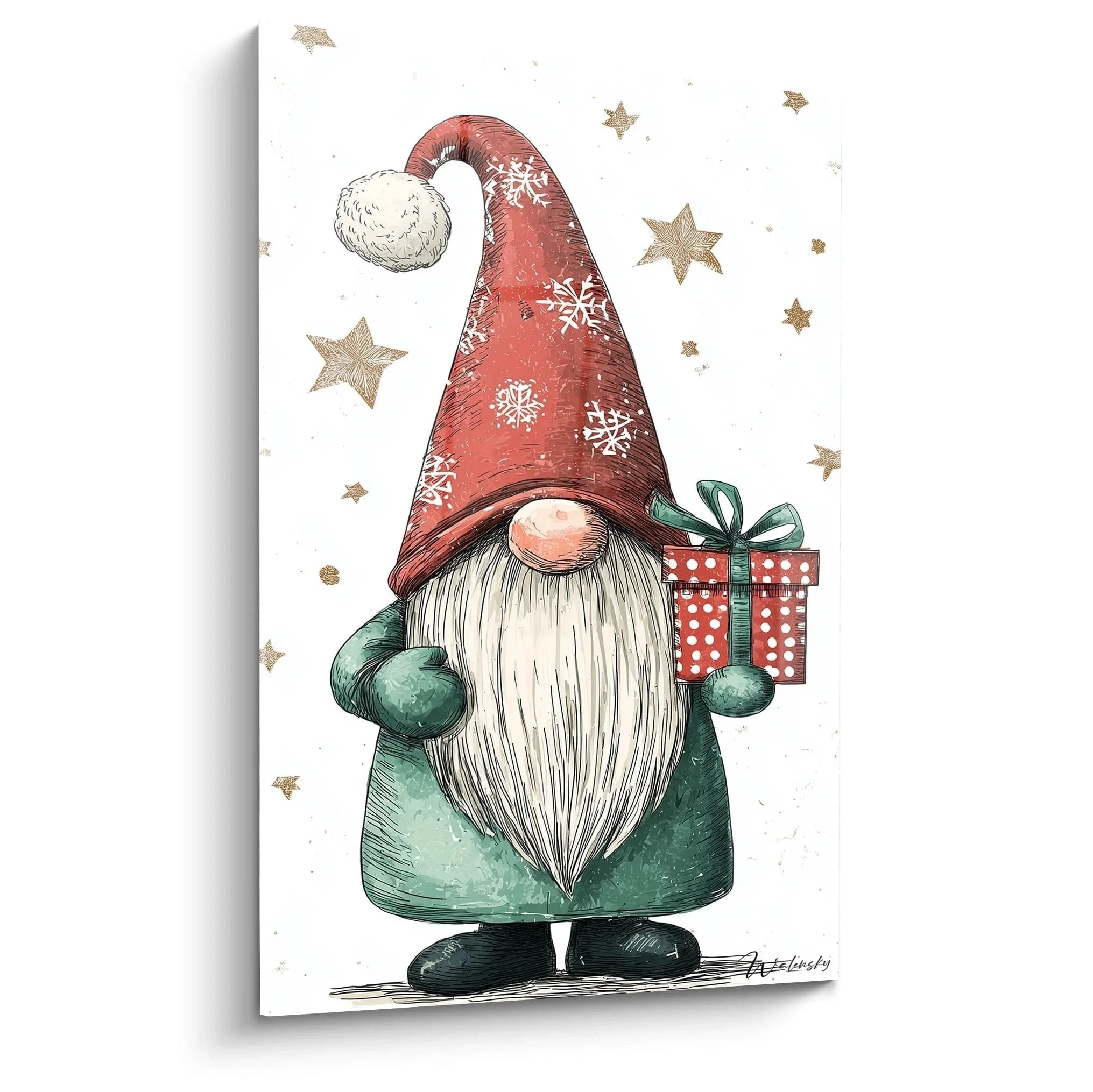 Wandbild Weihnachtswichtel mit roter Mütze, weißem Bart und festlichem Geschenk, umgeben von goldenen Sternen