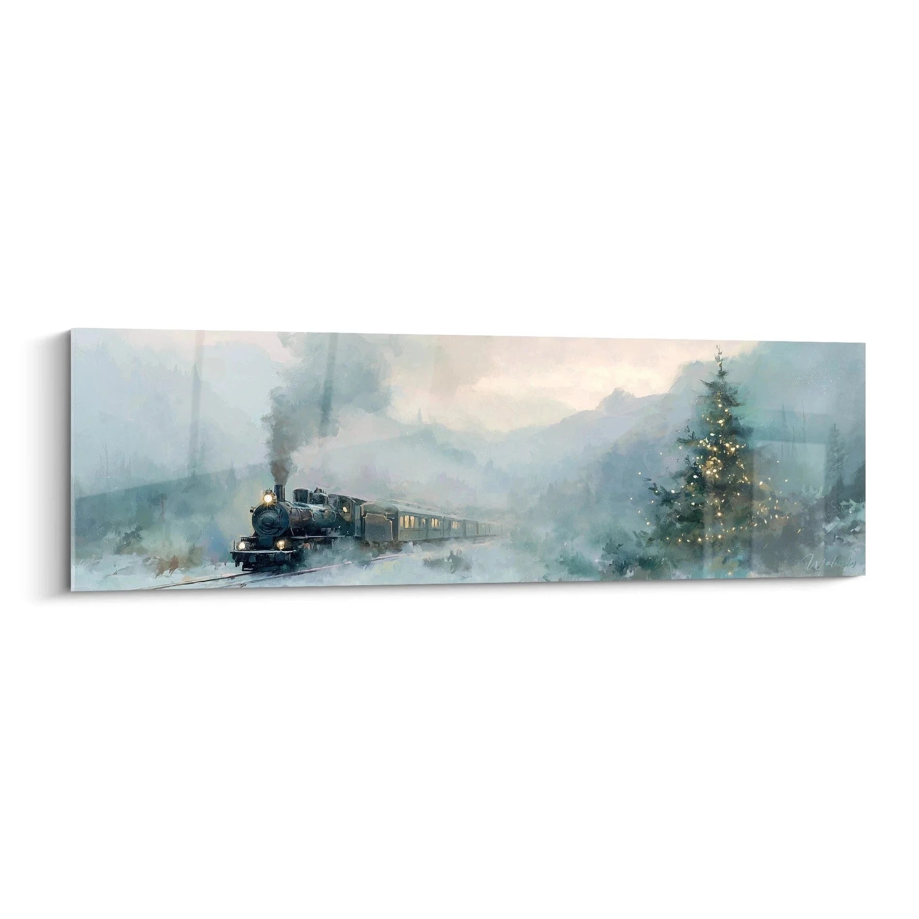 Wandbild Weihnachtszug mit Dampflok durch verschneite Winterlandschaft und beleuchteten Weihnachtsbaum