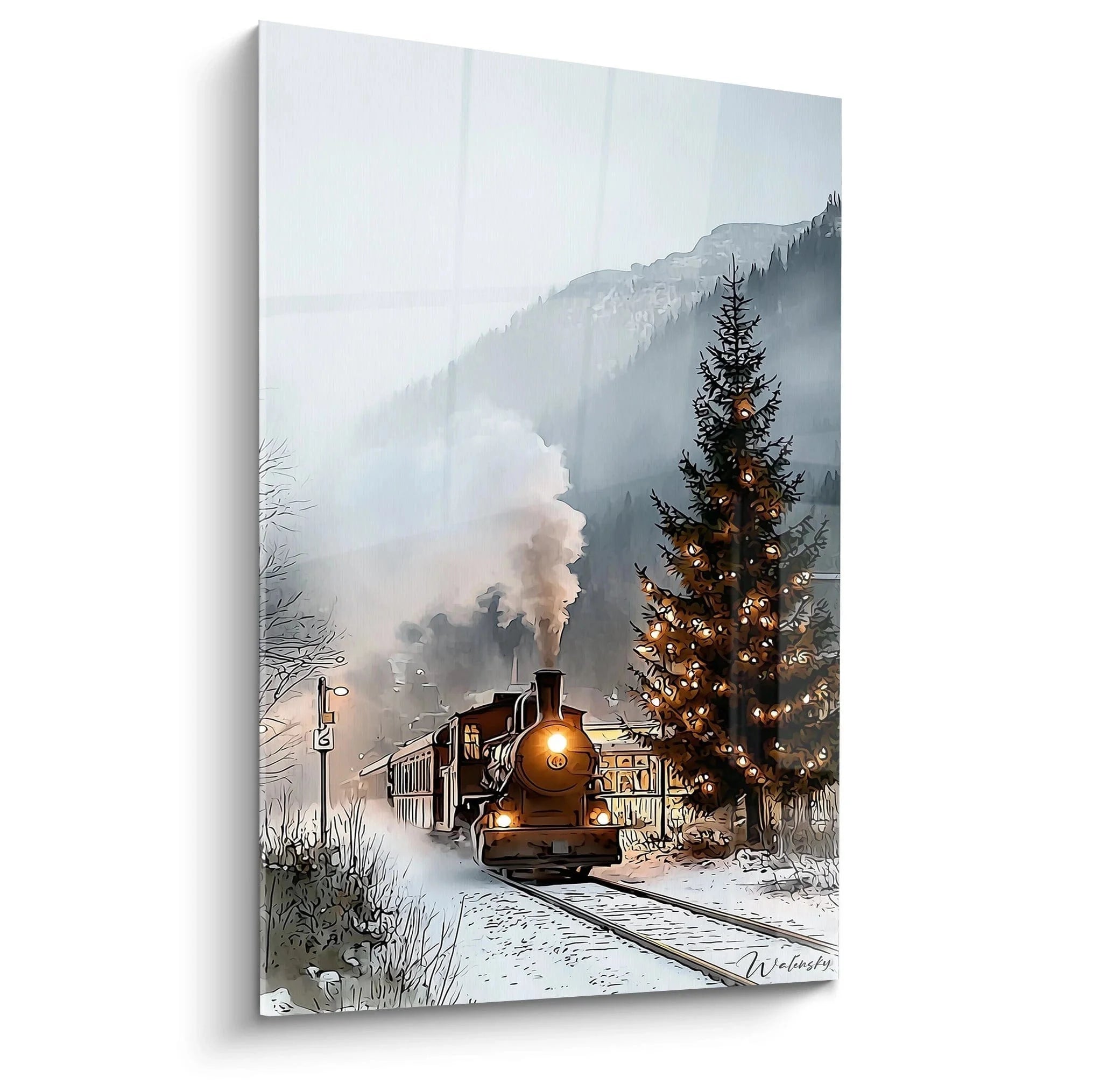 Wandbild Weihnachtszug mit nostalgischer Dampflok in verschneiter Berglandschaft und Weihnachtsbaum mit Lichterkette