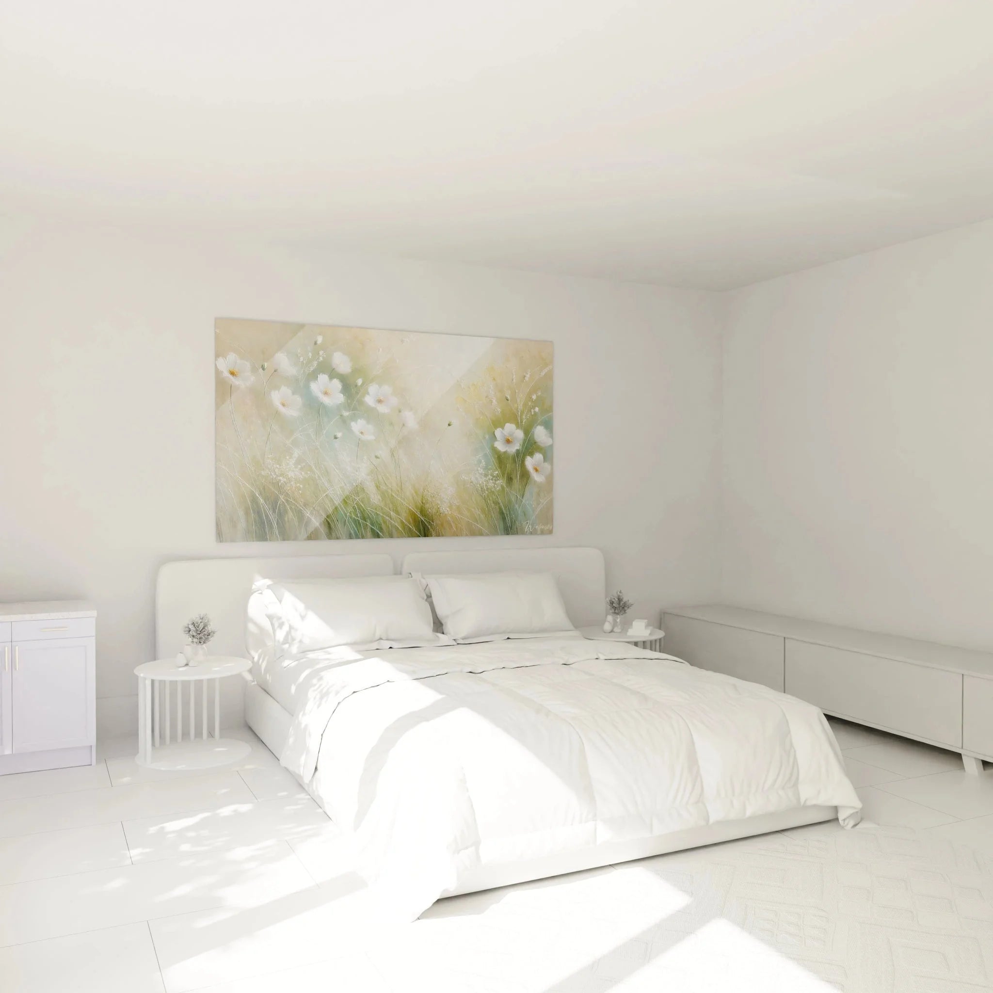 Wandbild weiße Frühlingsblüten im Schlafzimmer, botanische Wanddekoration über dem Bett
