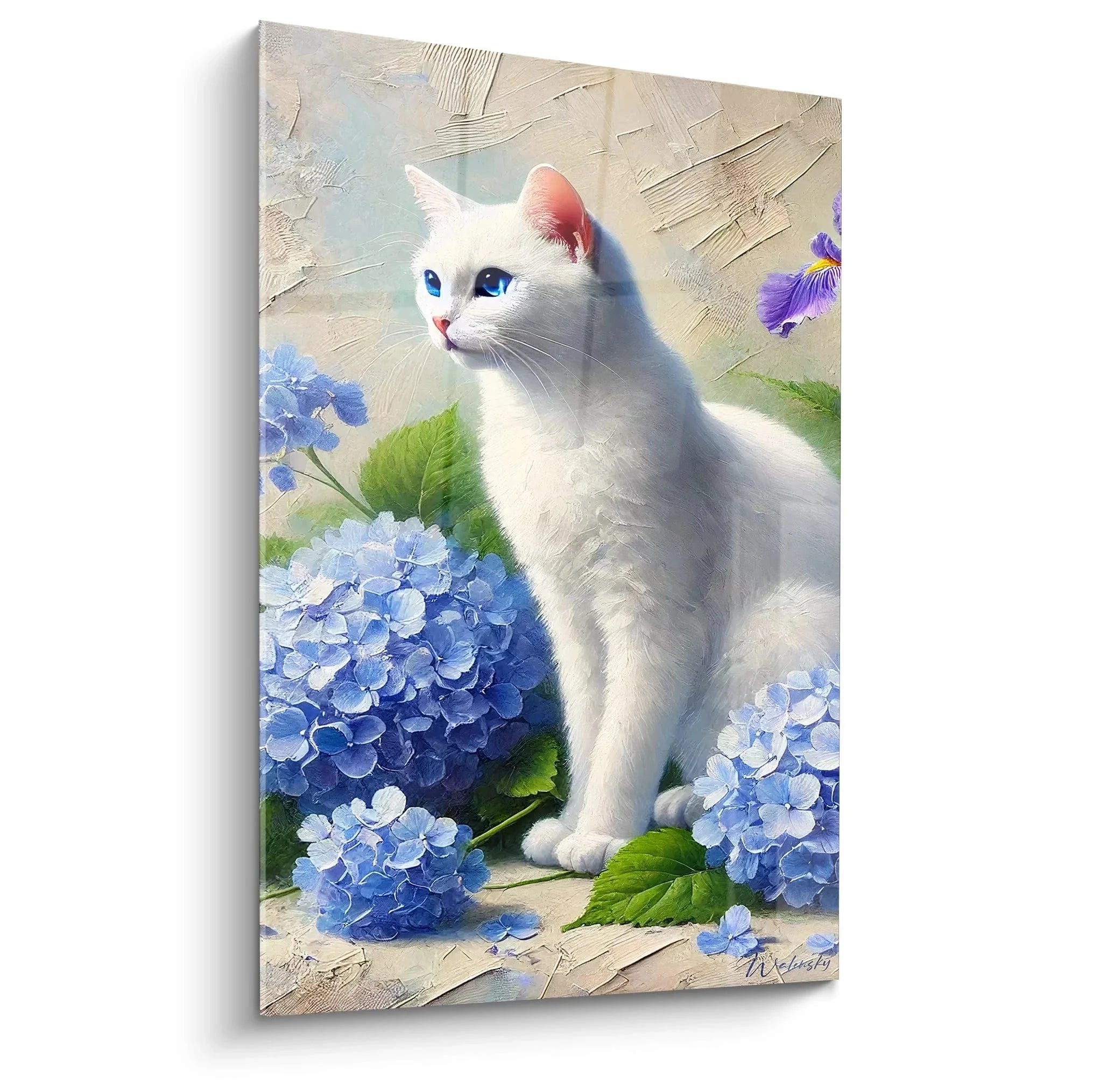 Wandbild weiße Katze mit blauen Augen zwischen blauen Hortensien - Premium Katzenbild XXL Edition Katze