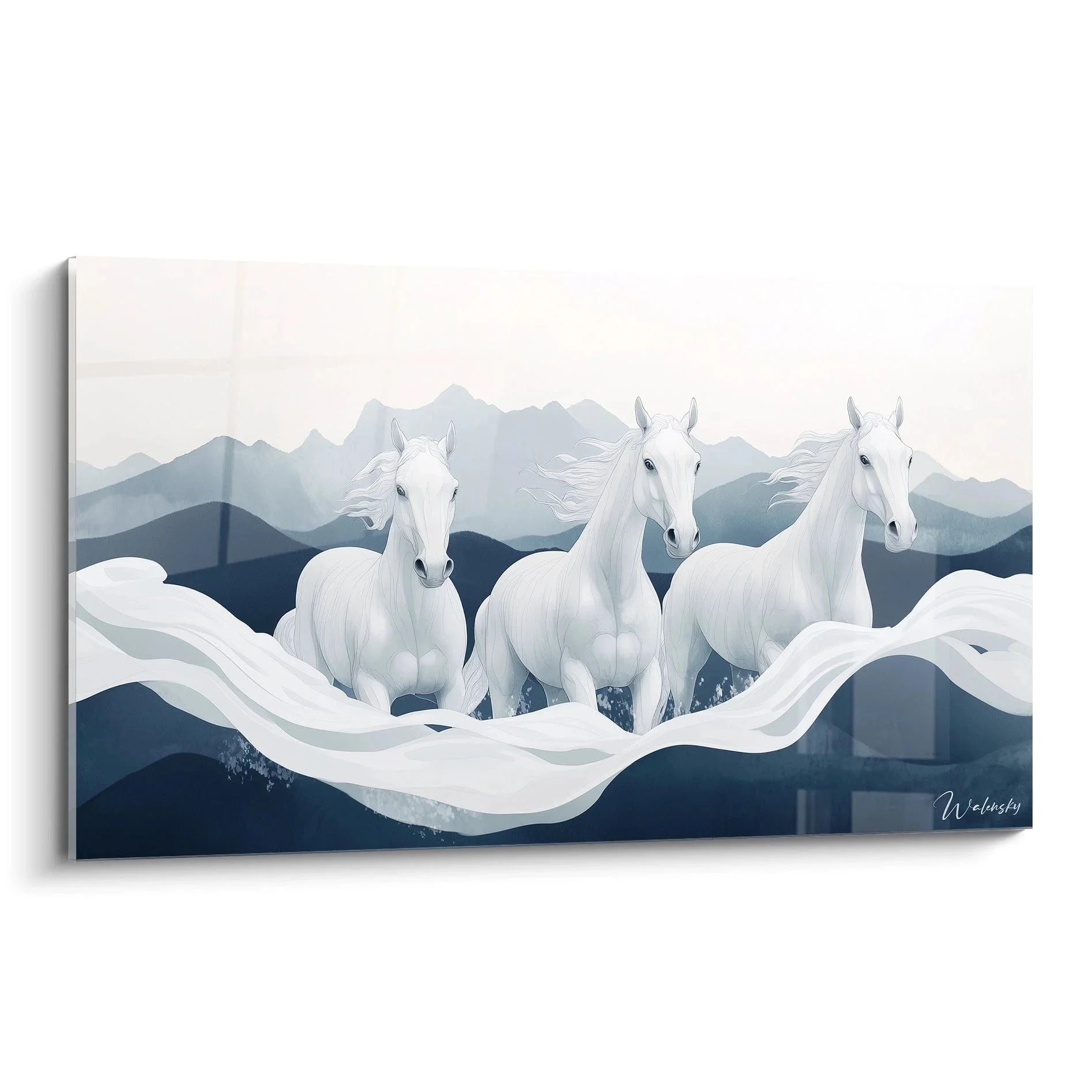 Wandbild weiße Pferde im Galopp vor Berglandschaft, Edition Théodore Géricault Stil