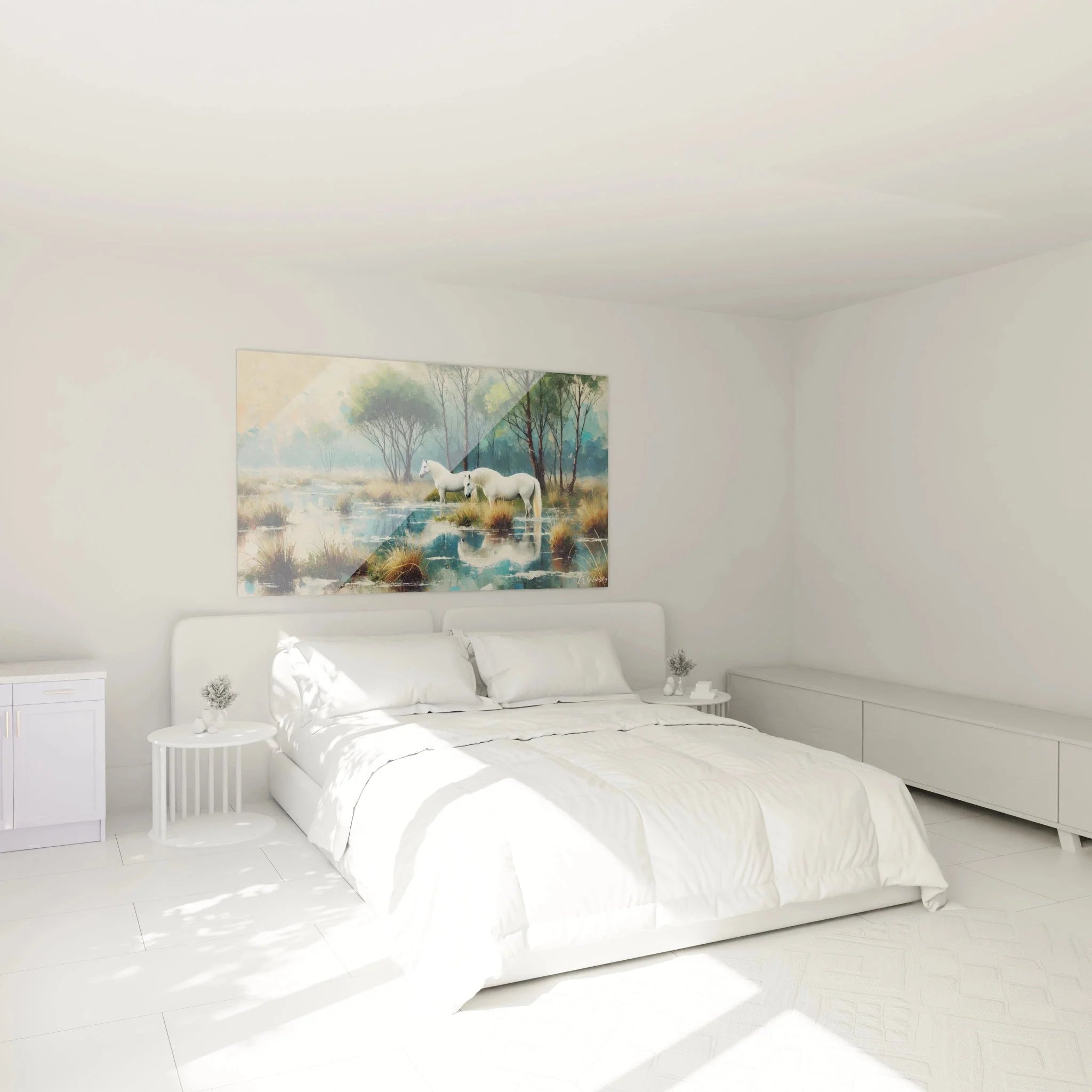 Wandbild weiße Pferde in Schlafzimmer Ambiente - beruhigende Naturszene für Wanddekoration