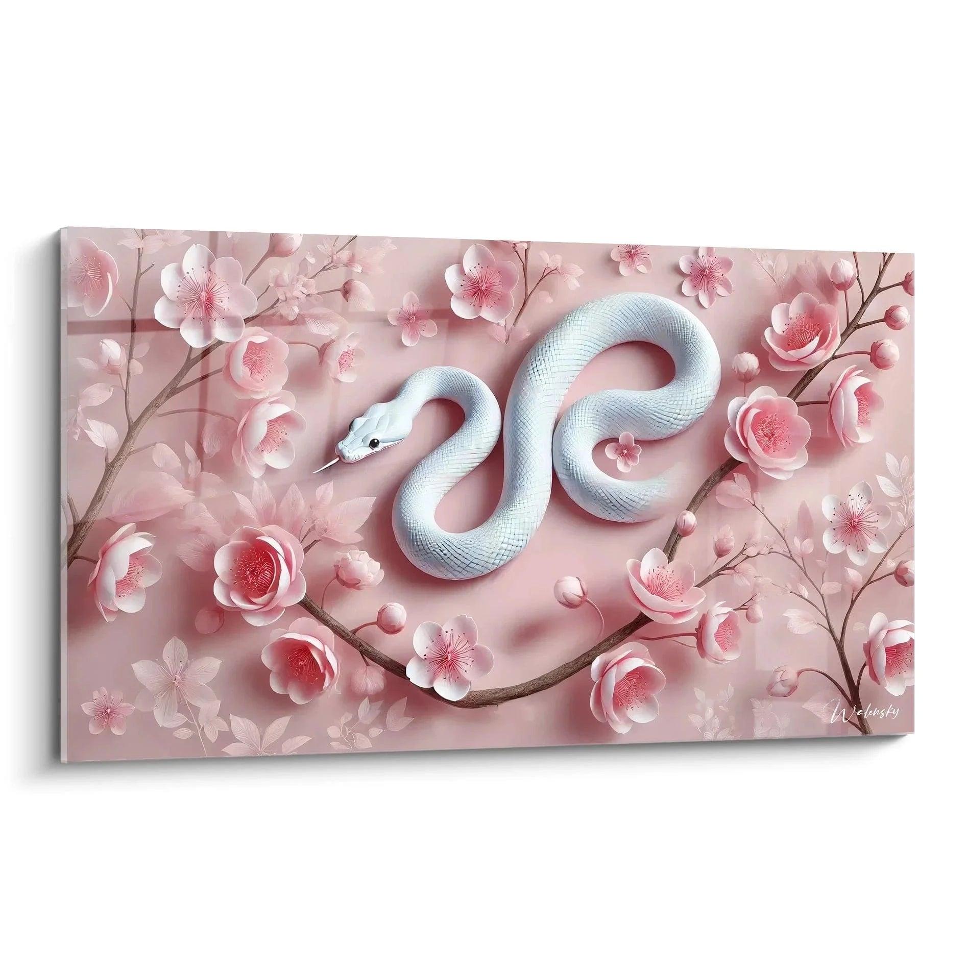 Wandbild weiße Schlange zwischen rosa Kirschblüten, asiatische Wandkunst Edition Schlange
