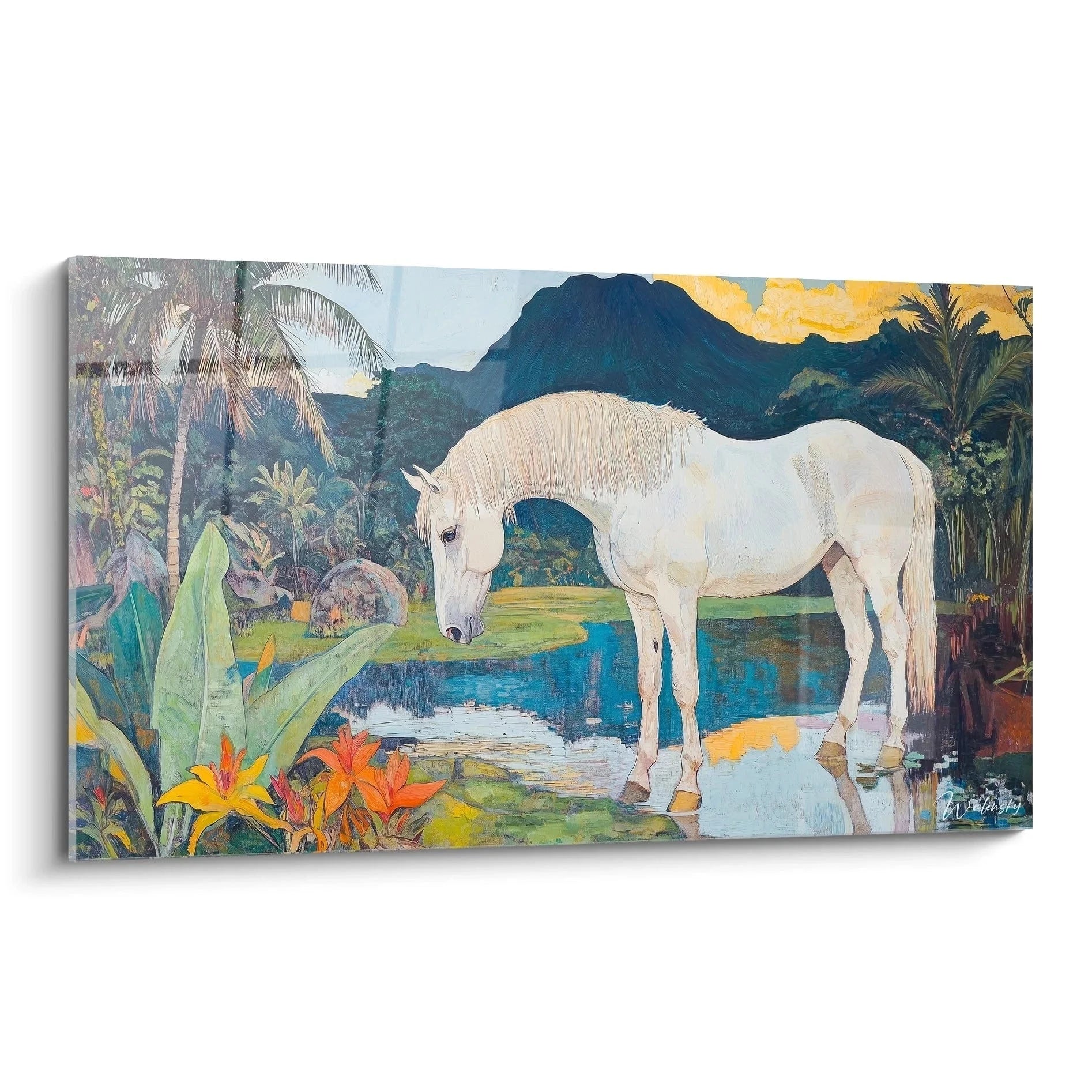 Wandbild weißes Pferd tropische Landschaft Gauguin Stil Kunstdruck Paradies Szene