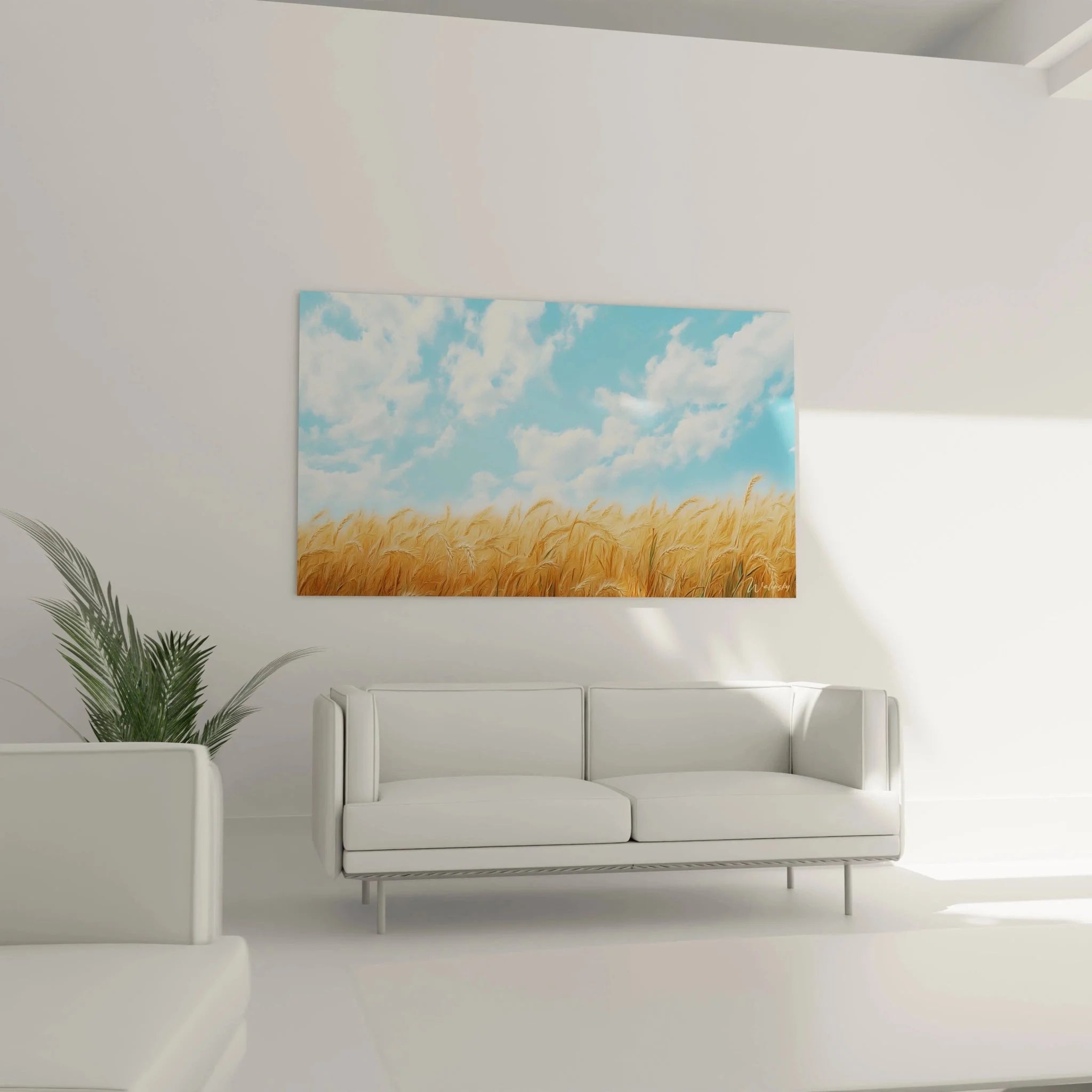 Detailaufnahme Wandbild Weizenfeld XXL, goldene Getreideähren und Wolkenhimmel in Premium-Qualität