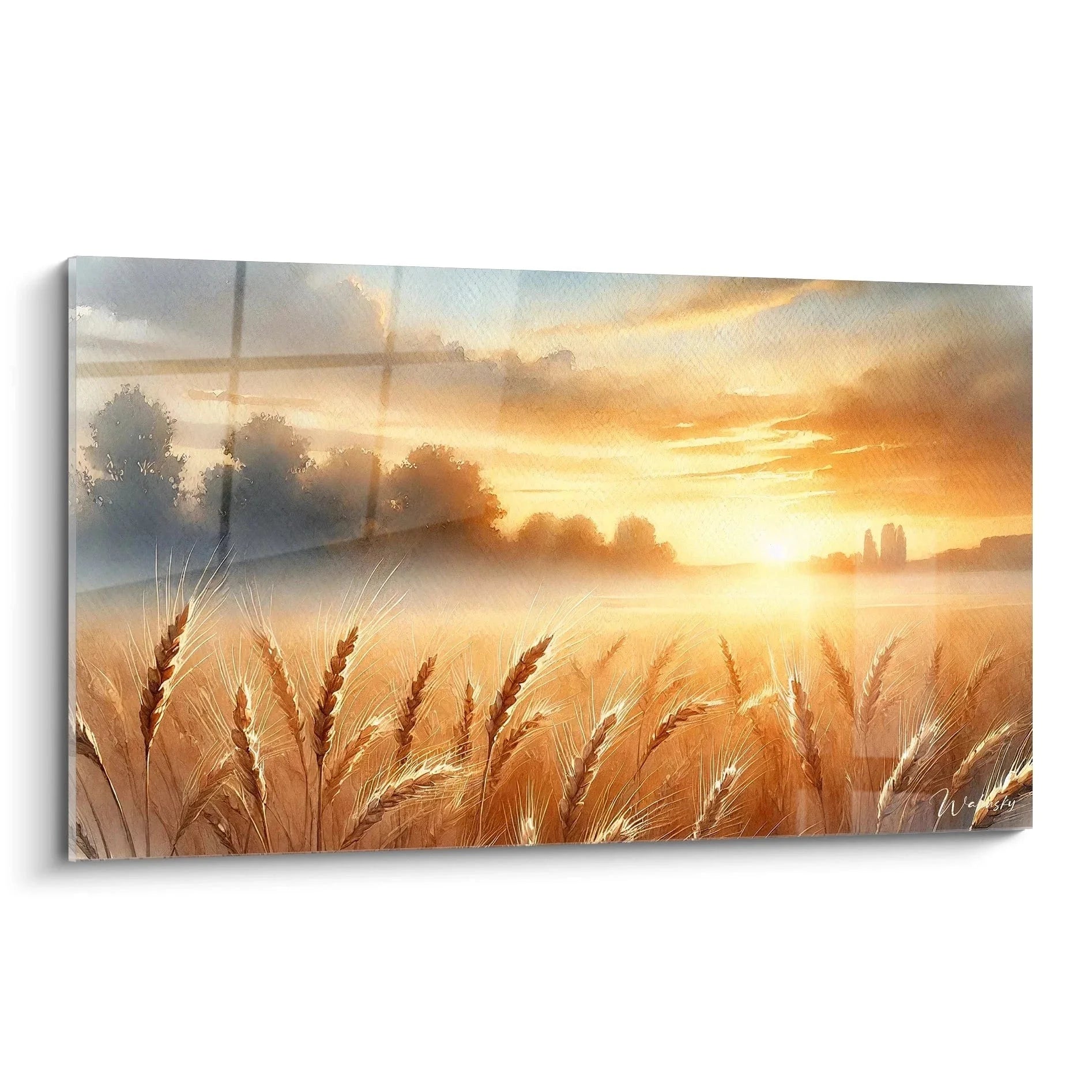 Wandbild Weizenfeld XXL - Goldenes Kornfeld im warmen Morgenlicht mit Sonnenaufgang und Nebel