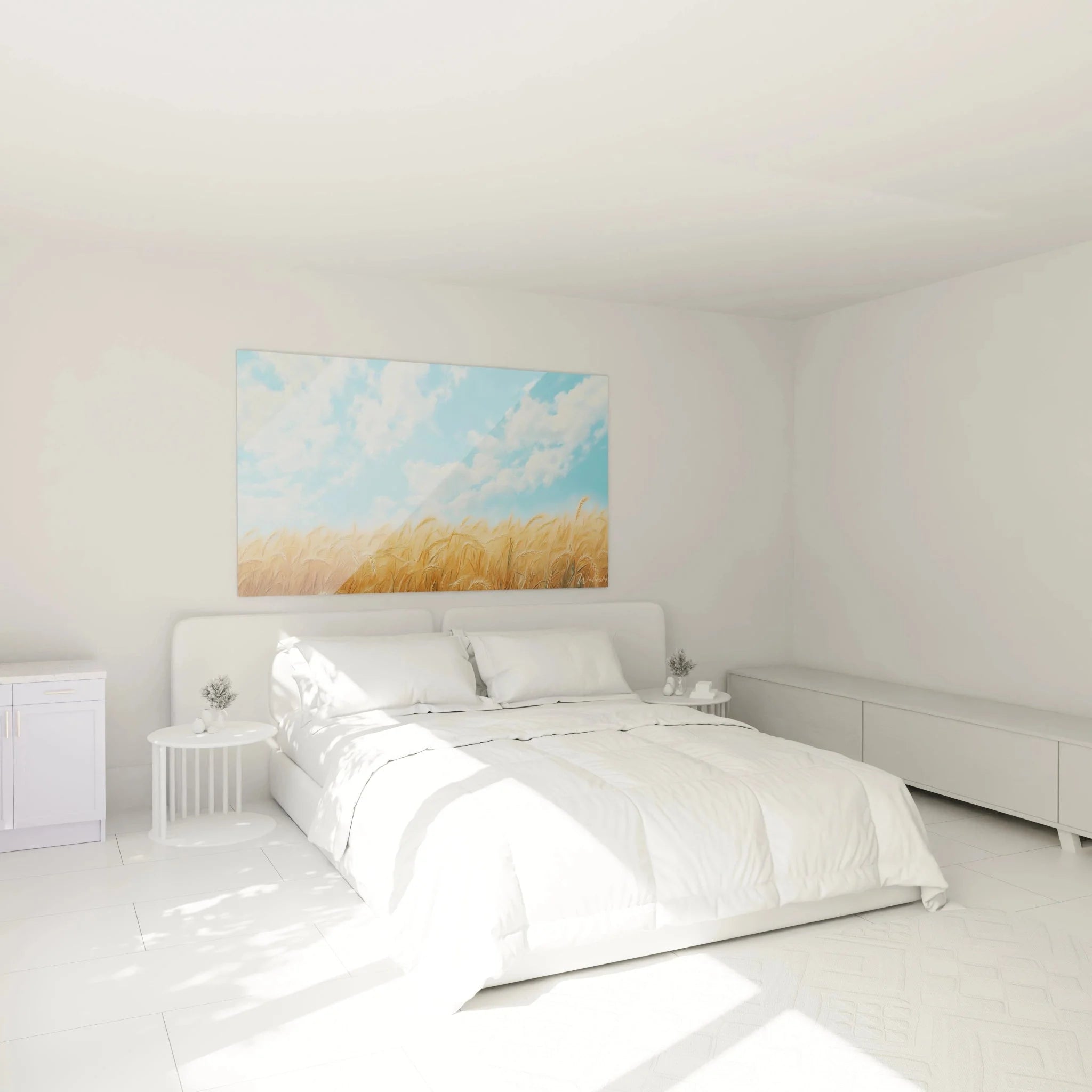 Wandbild Weizenfeld XXL im Schlafzimmer, goldenes Getreidefeld Kunstdruck als Wanddekoration über dem Bett
