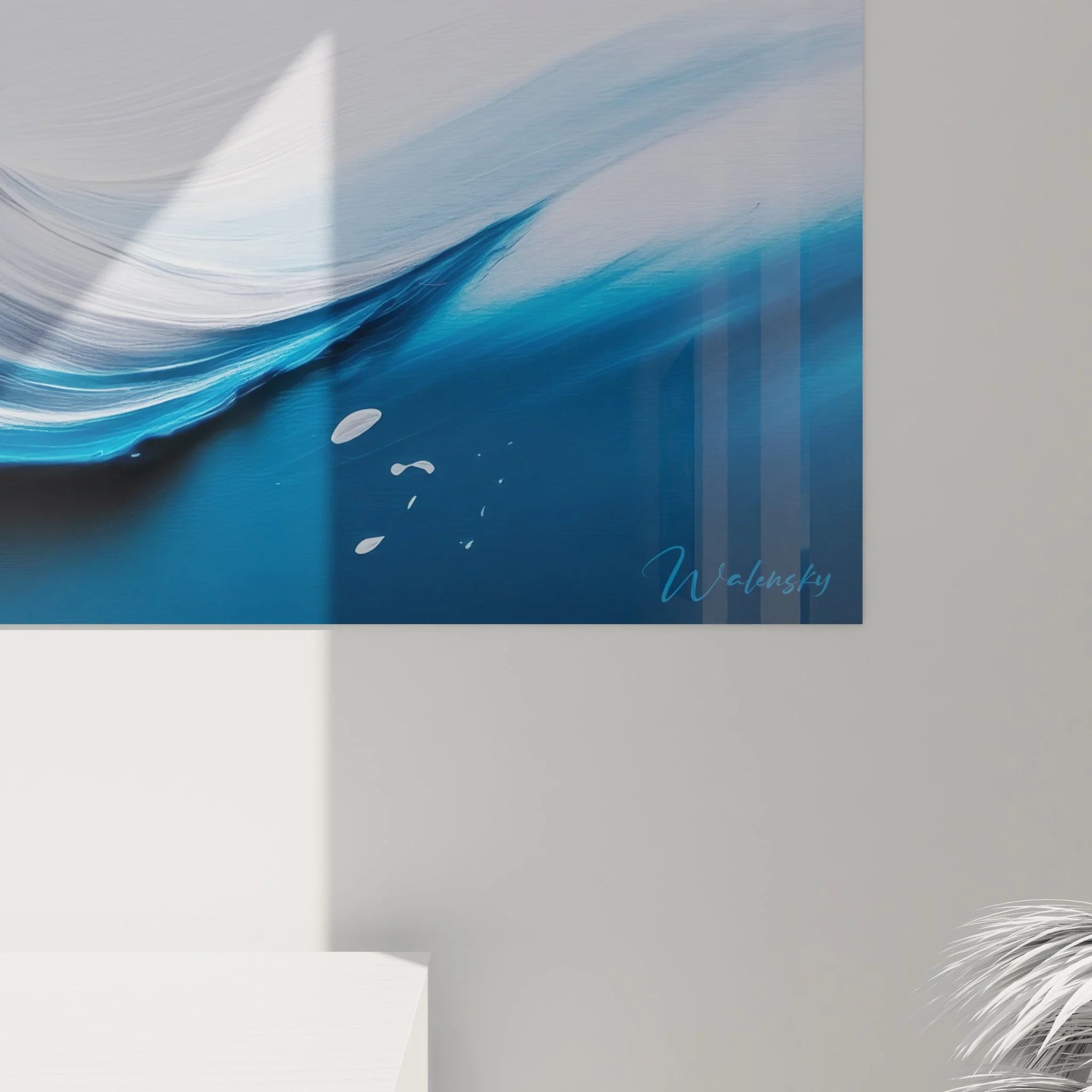 Gesamtansicht Wandbild Welle Panoramaformat, abstrakte maritime Kunst mit lebendiger Farbkomposition