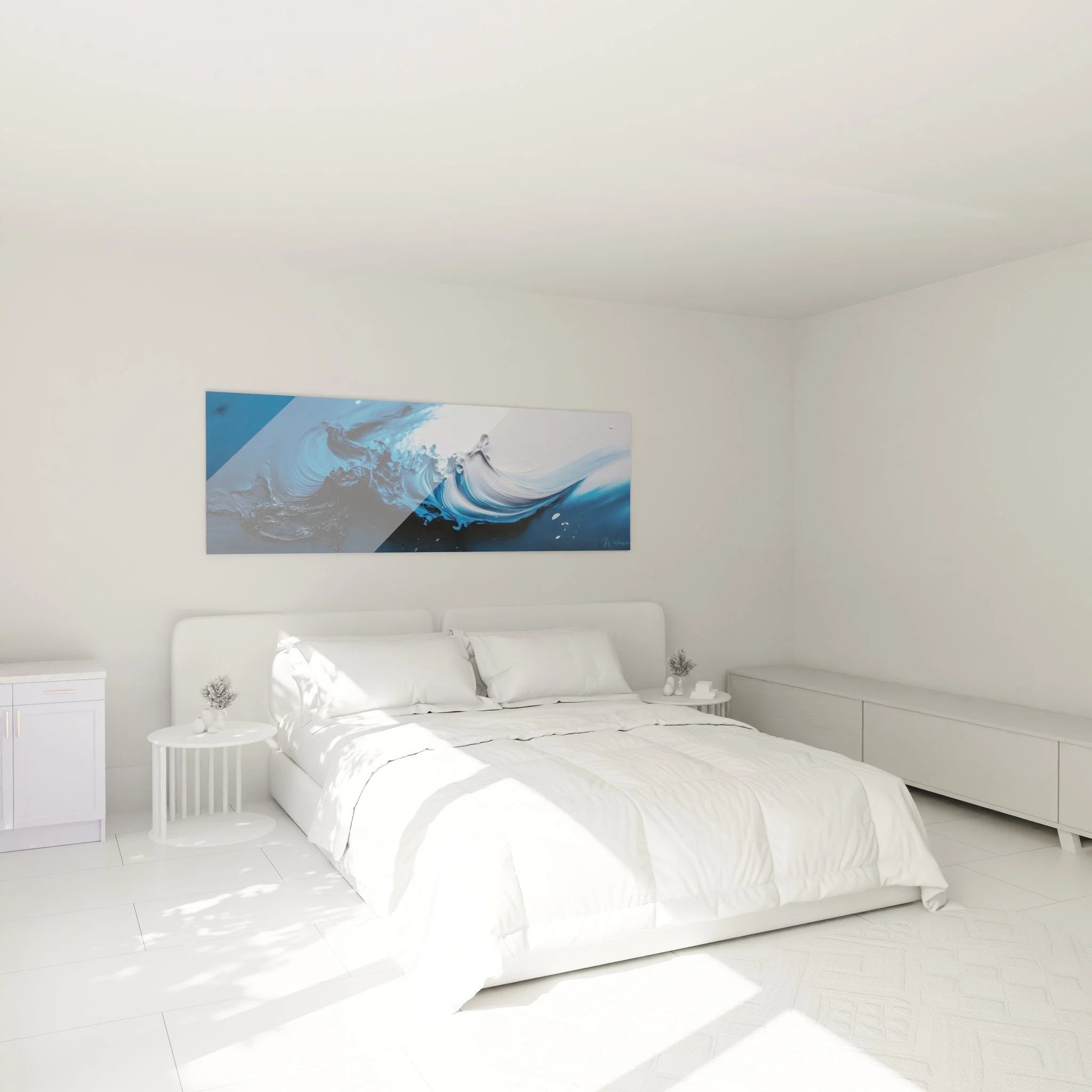 Wandbild XXL Welle im Schlafzimmer, blaue maritime Wandkunst als stilvolle Dekoration über dem Bett