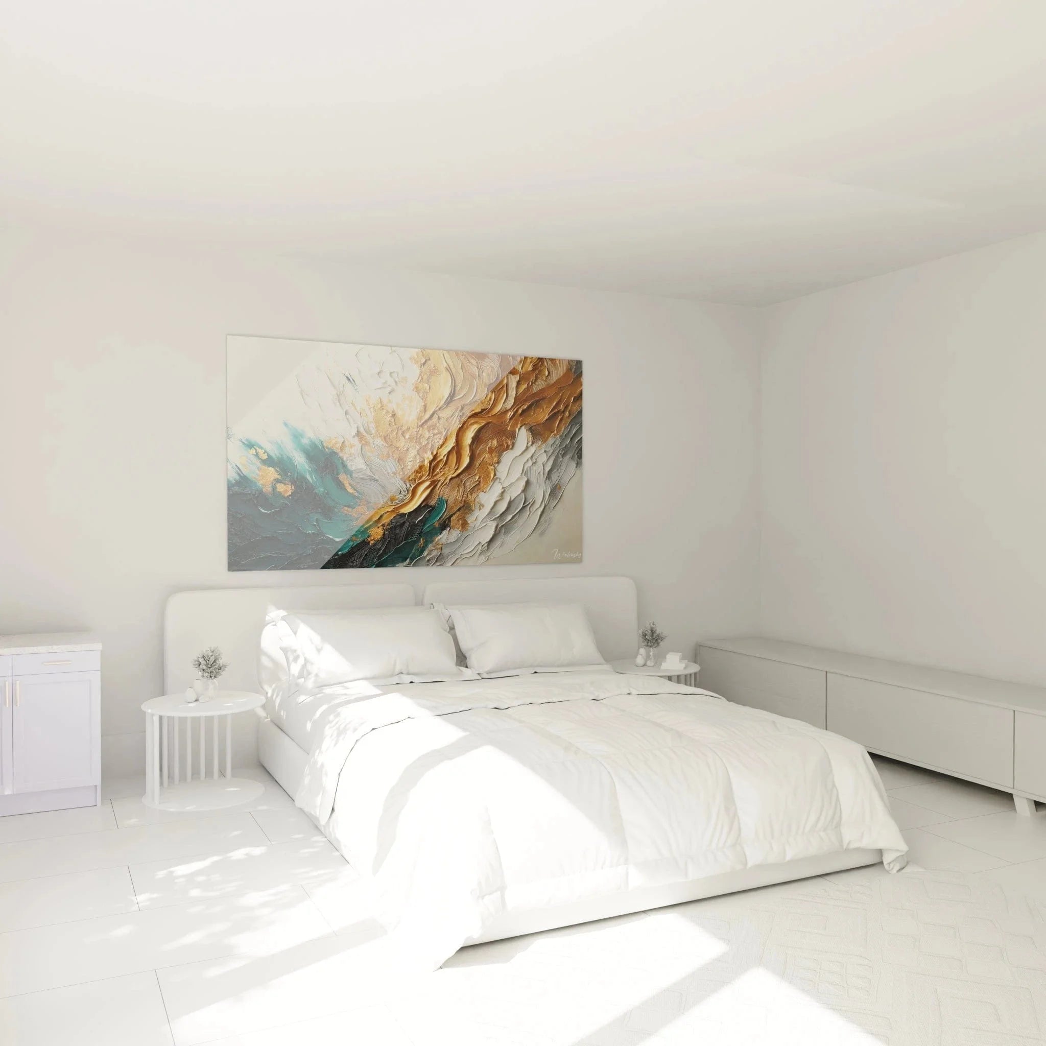 Wandbild abstrakte Welle über Bett im Schlafzimmer, elegante Raumatmosphäre