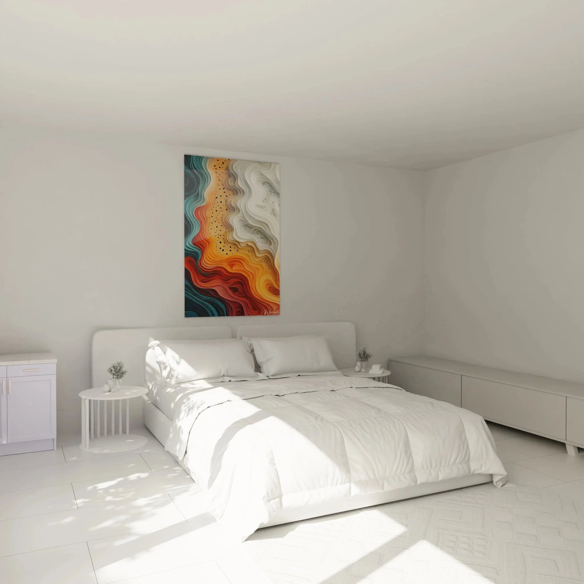 Wandbild XXL Wellen in Schlafzimmer Ambiente mit moderner Einrichtung und warmer Beleuchtung