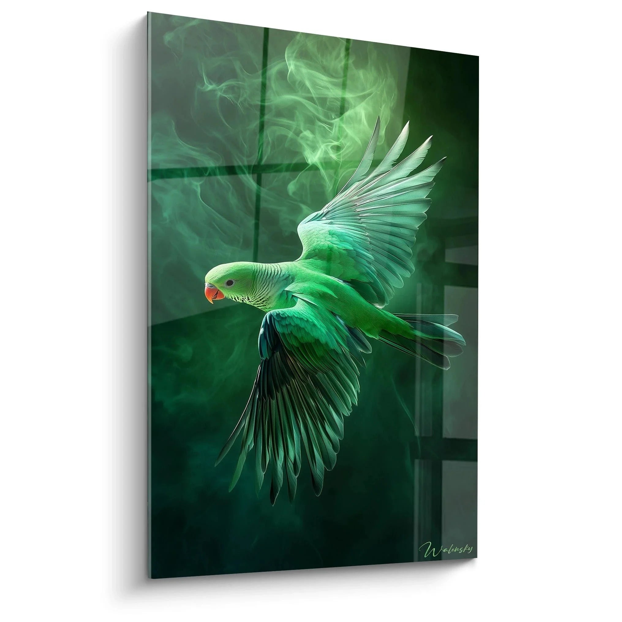 Wandbild Wellensittich grün fliegend mit mystischen Raucheffekten - Edition Wellensittich Wanddeko