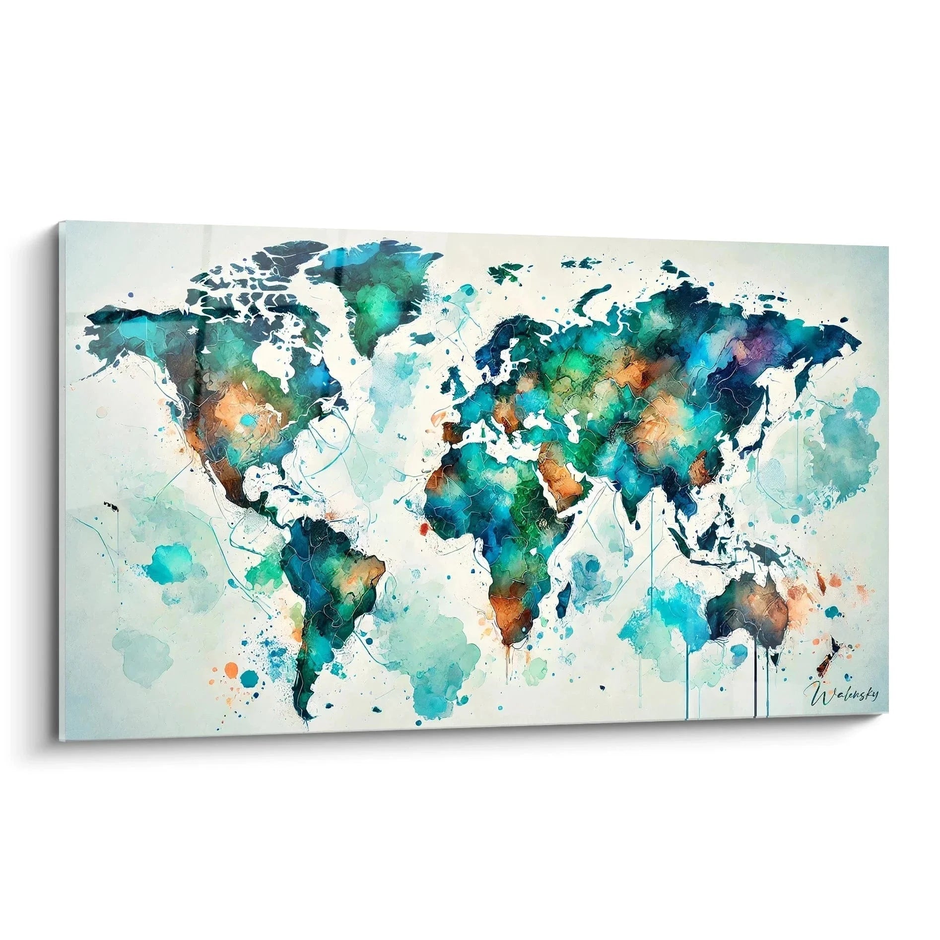 Wandbild Weltkarte Aquarell mit bunten Kontinenten in türkis, grün und orange Farbtönen