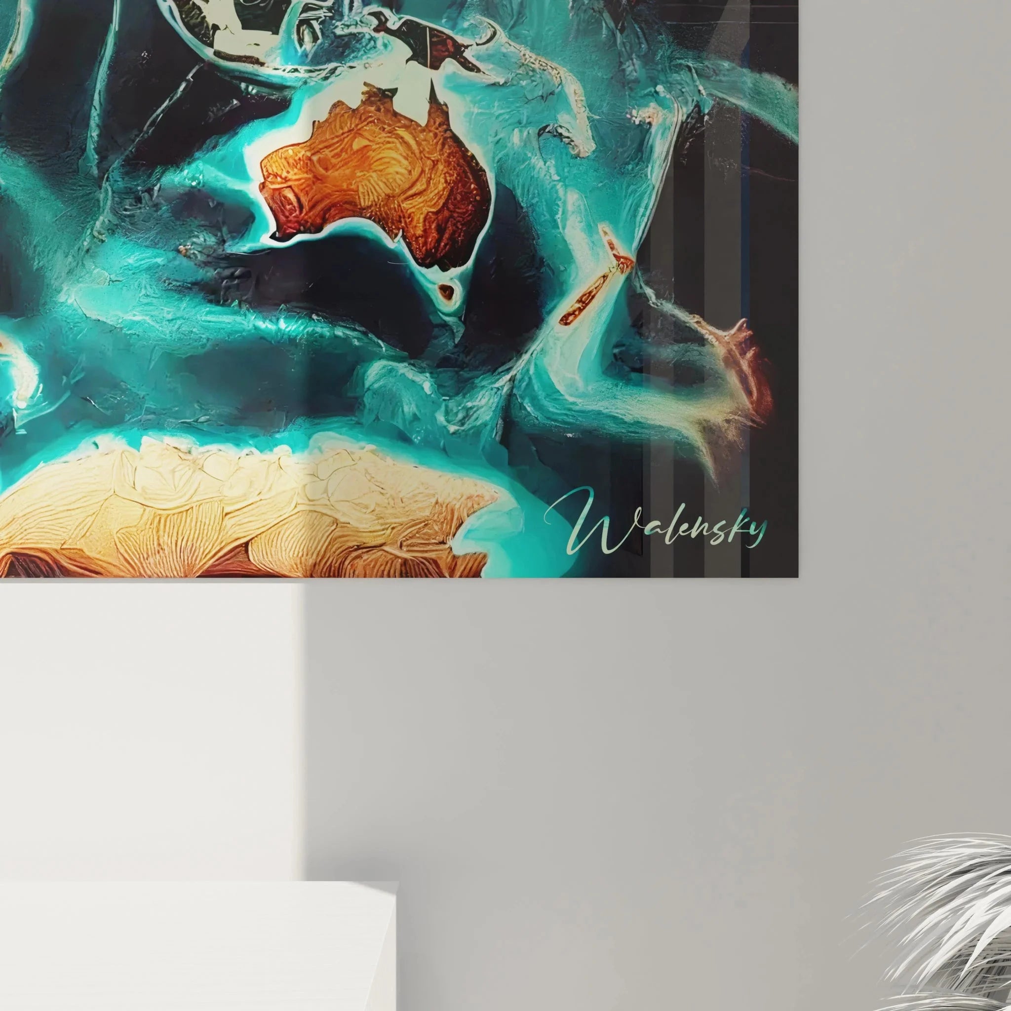 Übersicht Designer Wandbild Weltkarte leuchtende Kontinente als moderne Raumdekoration