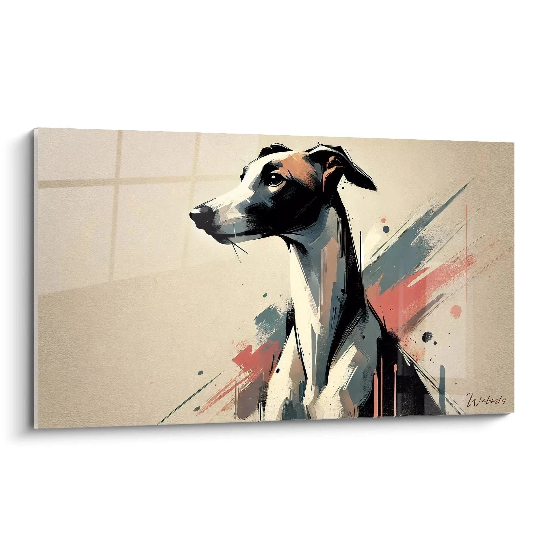 Modernes Wandbild Whippet Windhund in abstraktem Aquarell-Stil mit eleganter Farbpalette