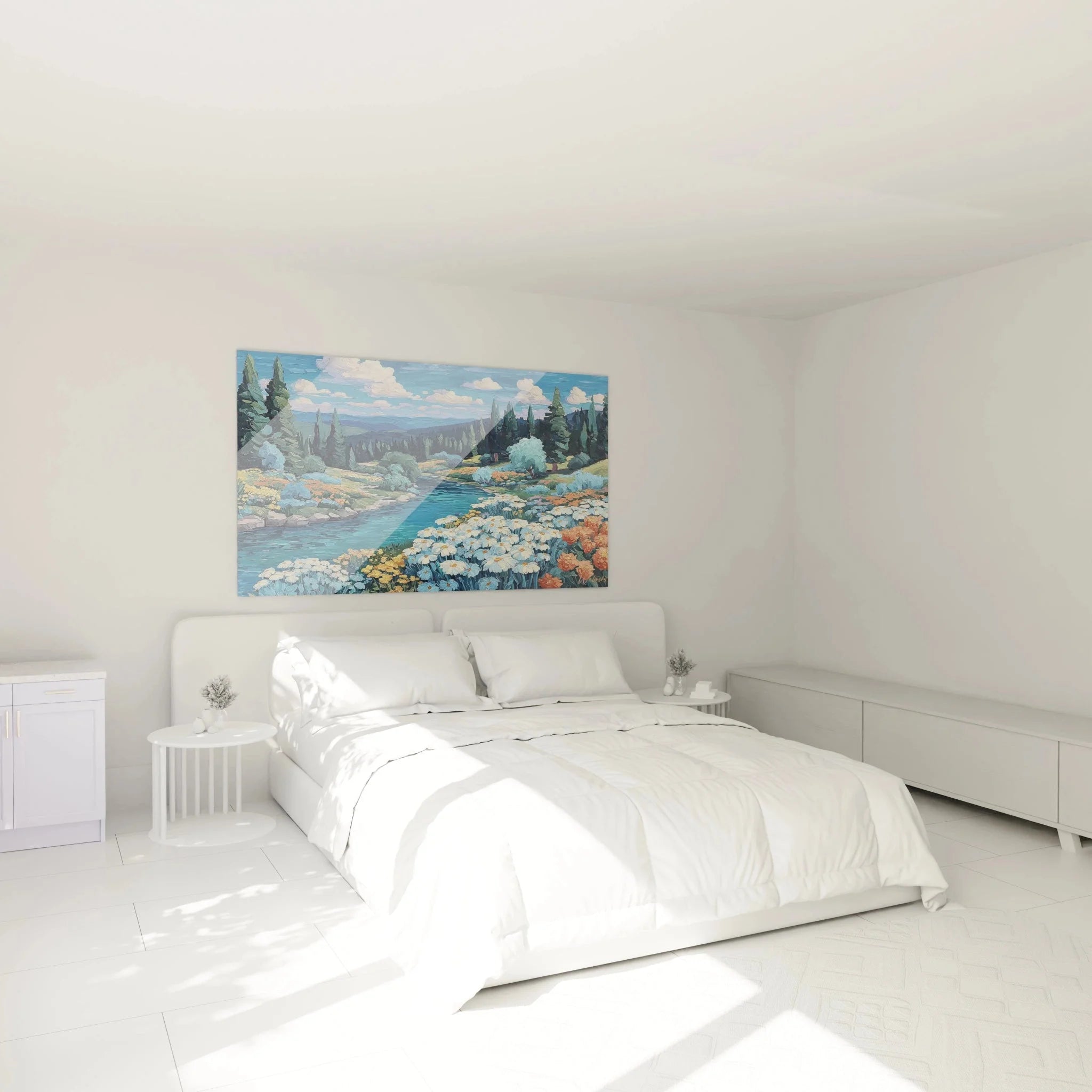 Wandbild Wildblumen Berglandschaft in modernem Schlafzimmer, Edition Sommer Wanddeko