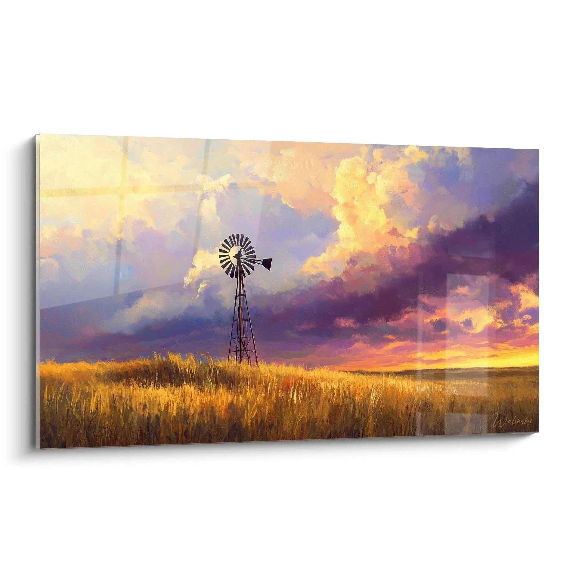 Wandbild Windmühle in goldener Prairie mit dramatischem Wolkenhimmel - Landschaftsbild XXL