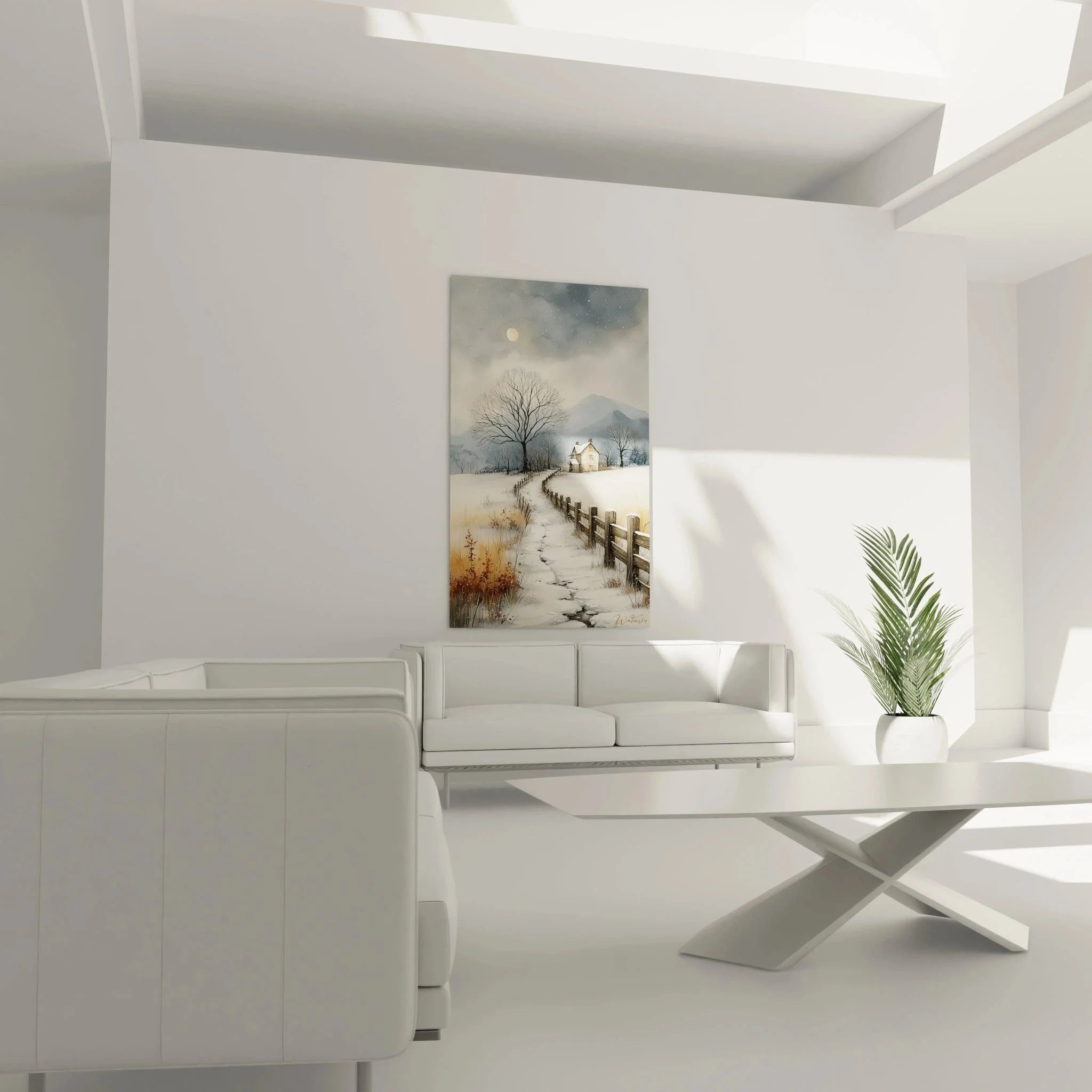 Wandbild Winterszene Nahaufnahme verschneiter Pfad Holzzaun Schnee Details Wintermotiv