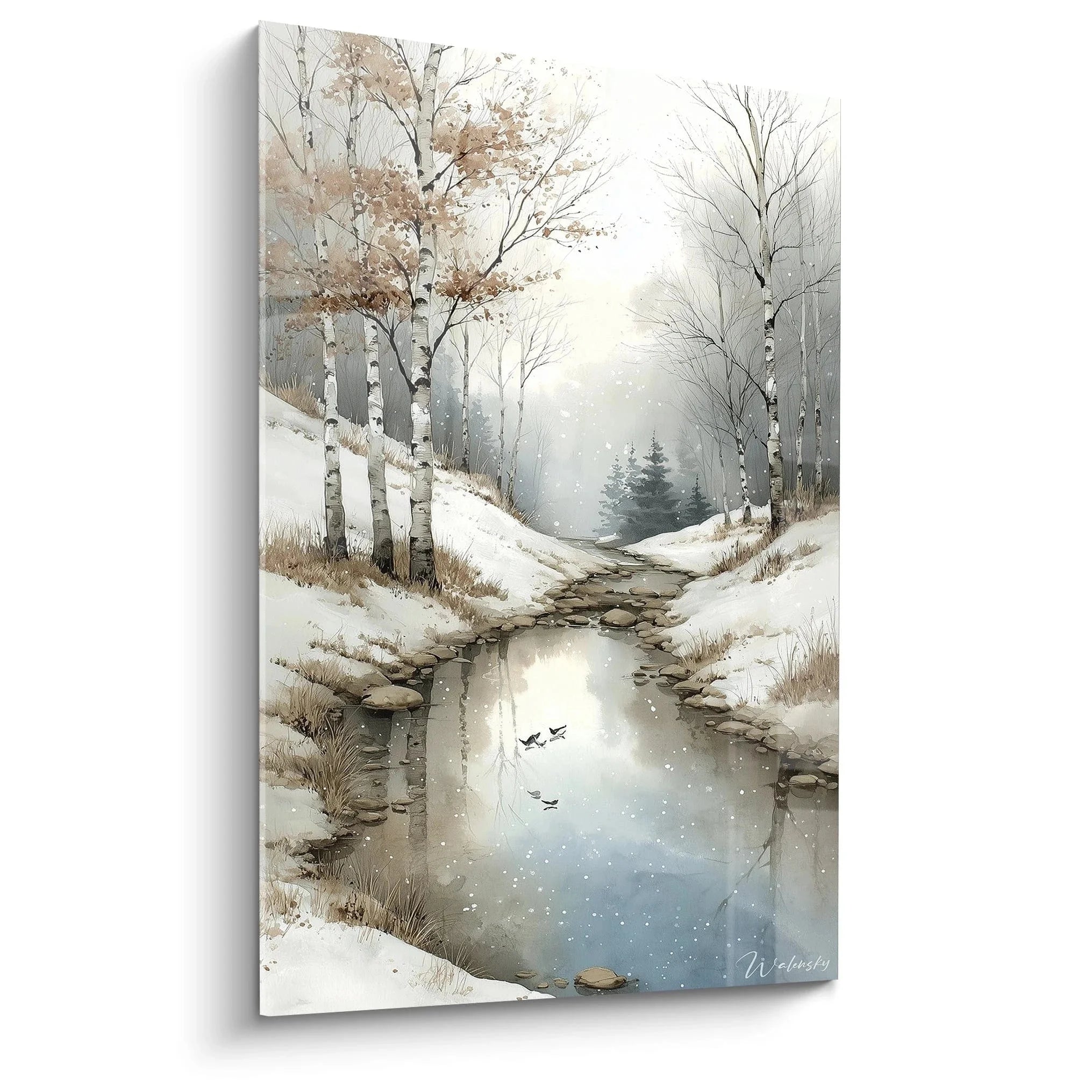 Wandbild Winterbach mit Birken und Schneelandschaft - Premium Wintermotiv für Wohnzimmer