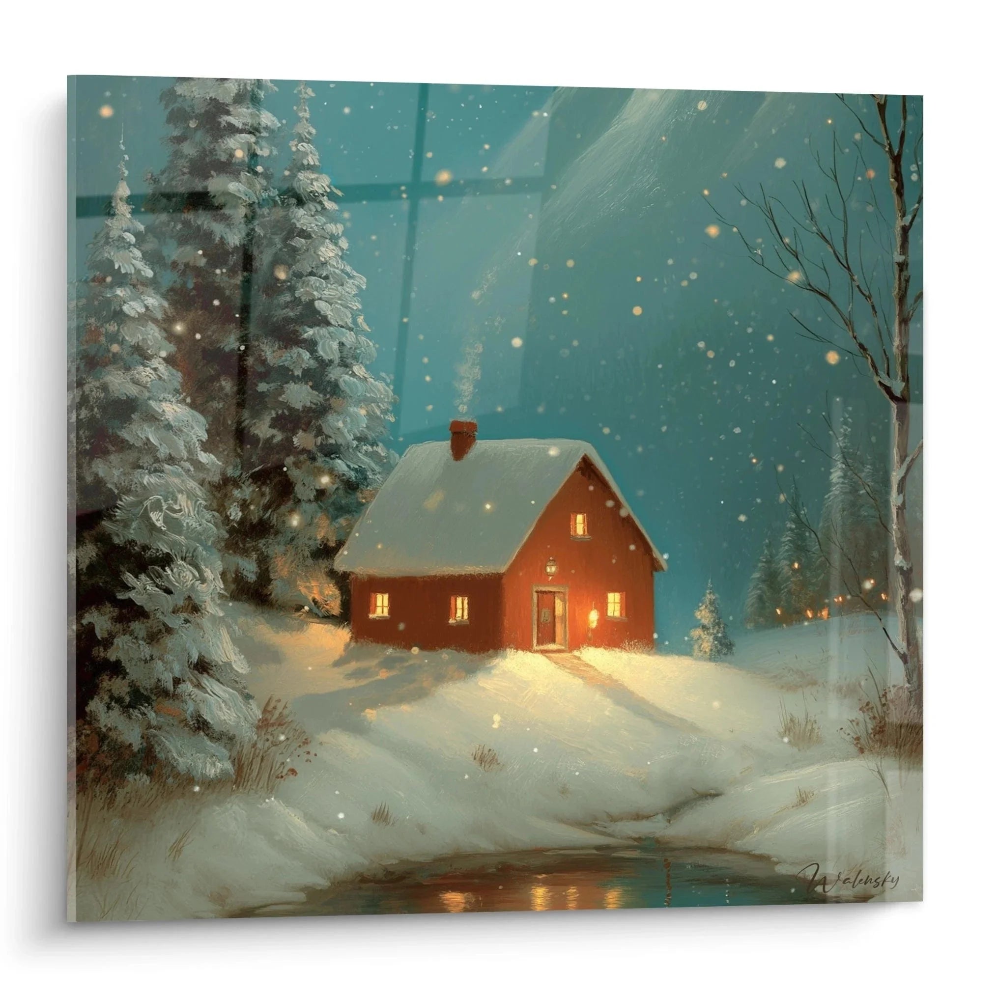 Wandbild Winterhütte mit rotem Haus, verschneiten Tannen und warmem Lichtschein in romantischer Schneelandschaft