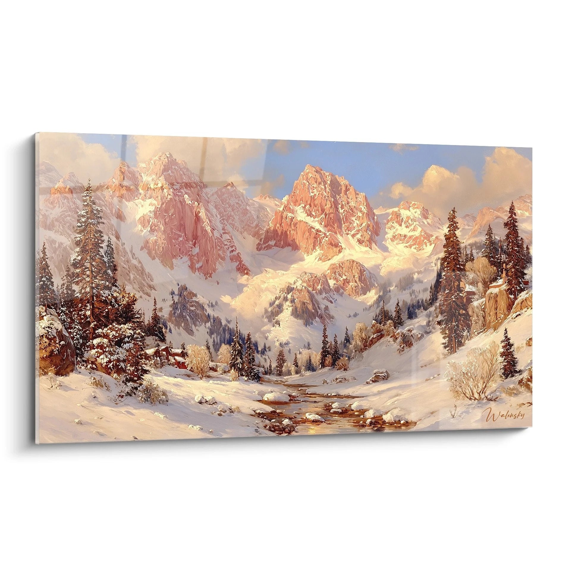 Wandbild Winterlandschaft Alpen mit verschneiten Berggipfeln und Bach im warmen Abendlicht