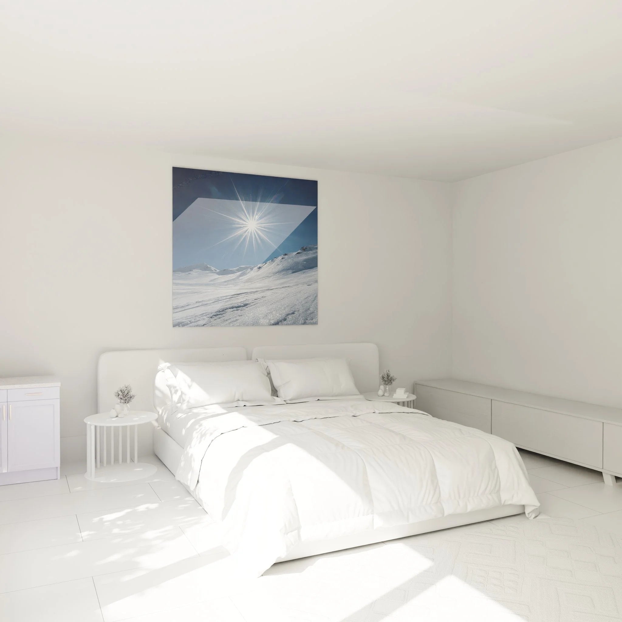 Wandbild Winterlandschaft Sonnenstern im Schlafzimmer - moderne Winterdeko für entspannende Atmosphäre