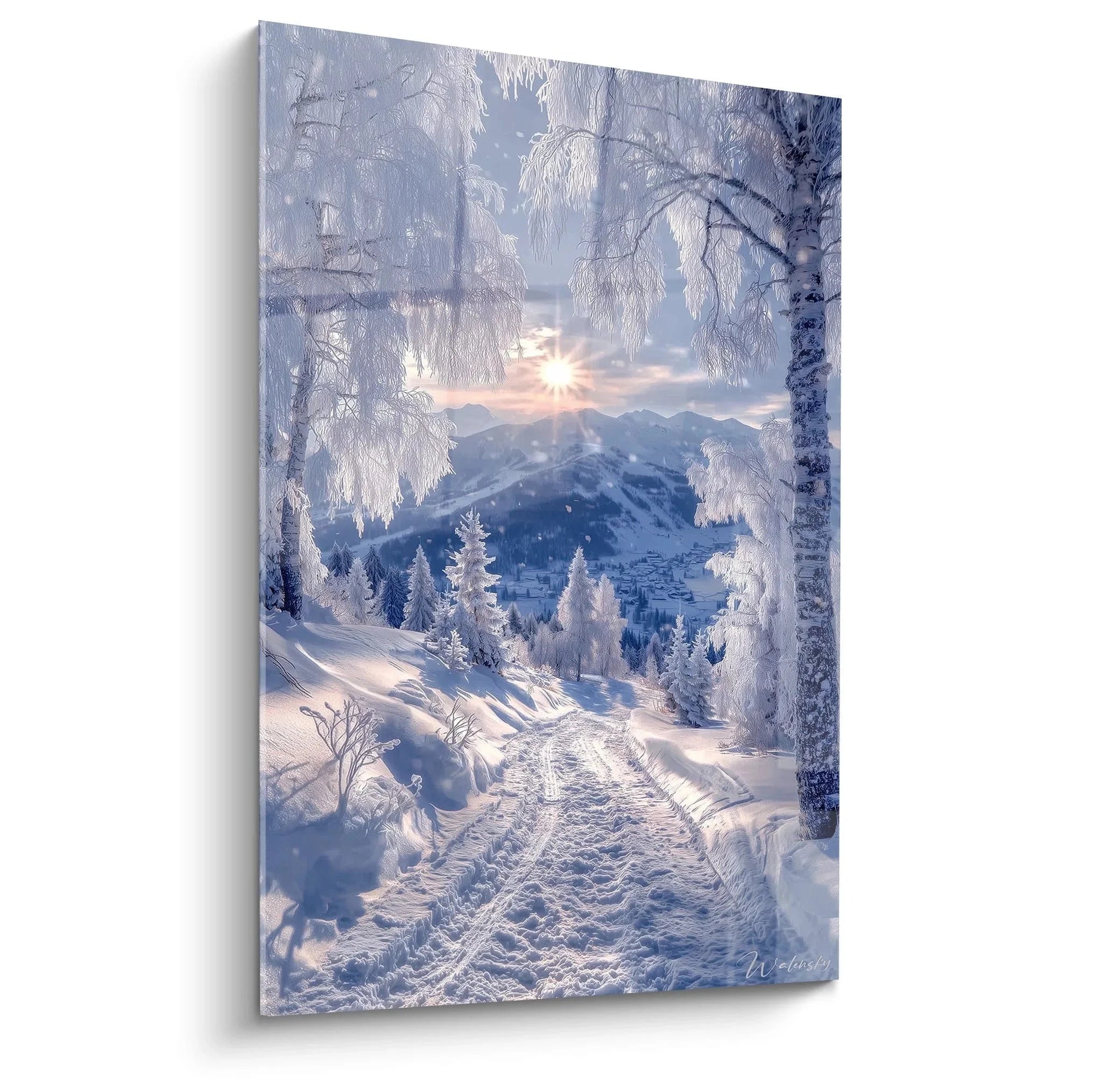 Wandbild Winterlandschaft mit verschneitem Weg durch Berglandschaft und Raureif Edition Winter