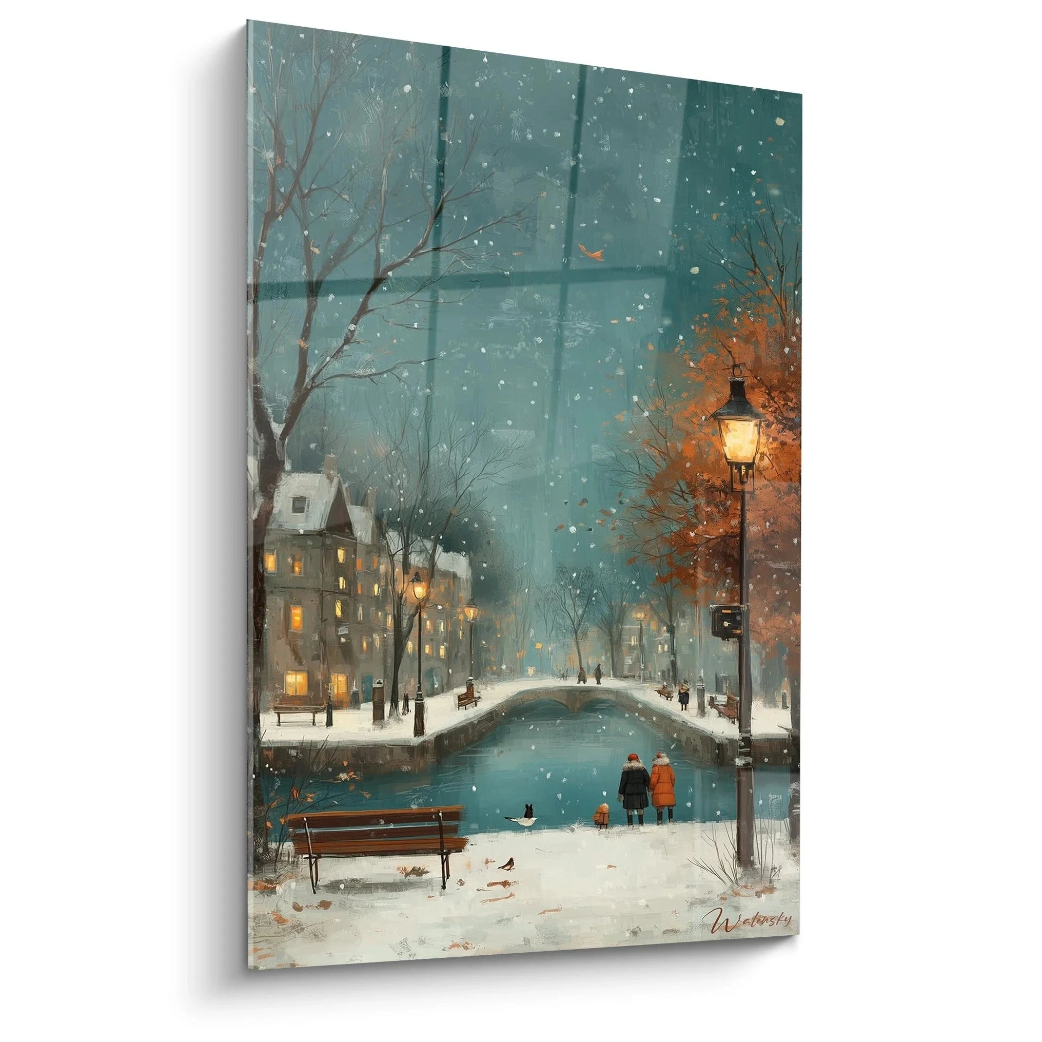 Wandbild Winterlandschaft mit verschneiter Stadt, Brücke und Schneeflocken - romantische Winterdeko