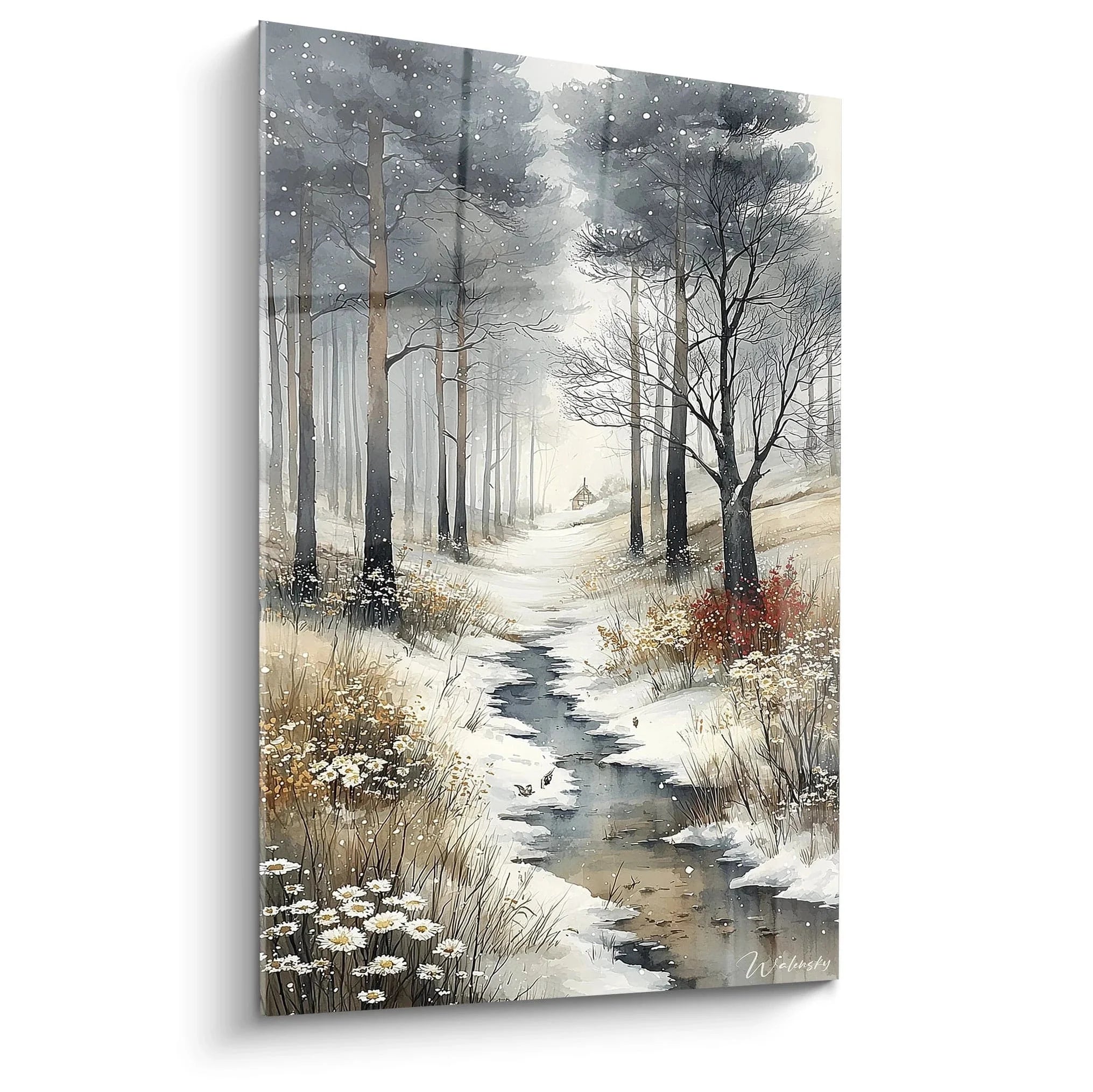 Wandbild Winterlandschaft mit verschneitem Waldweg und Bach, kahle Bäume im Schnee