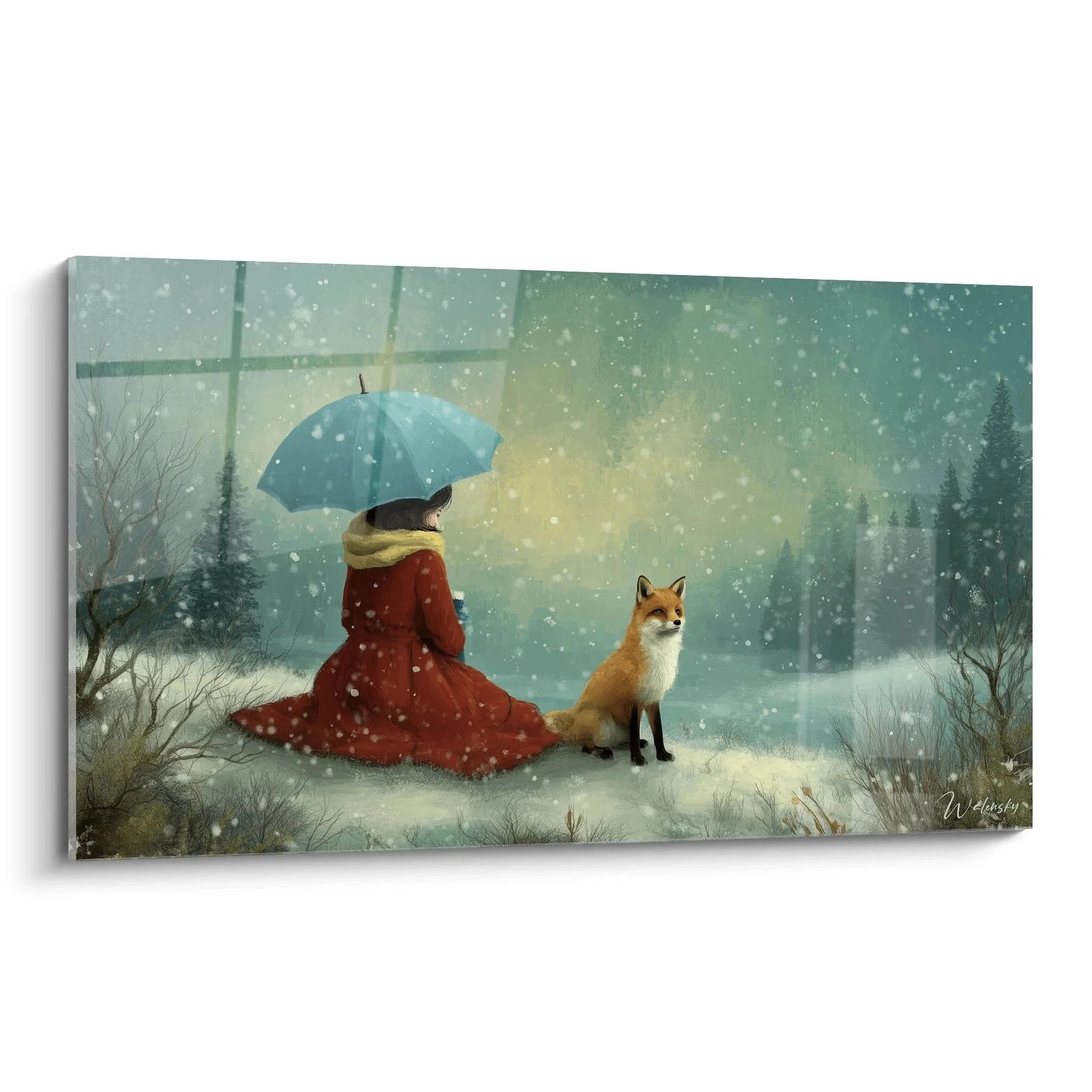 Wandbild Wintermädchen mit Fuchs im Schnee unter blauem Regenschirm in verschneiter Waldlandschaft
